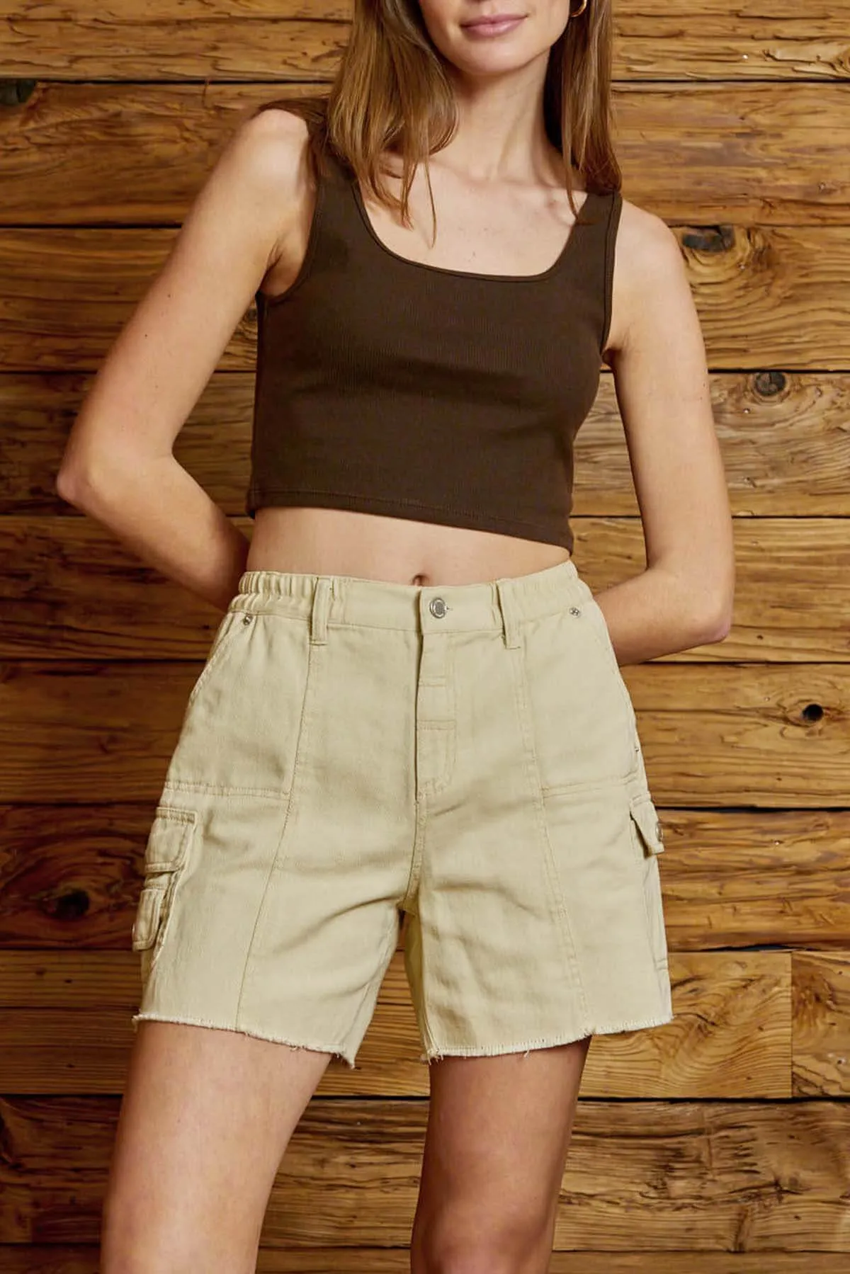 High Waisted Cut Off Utility Shorts - Sand