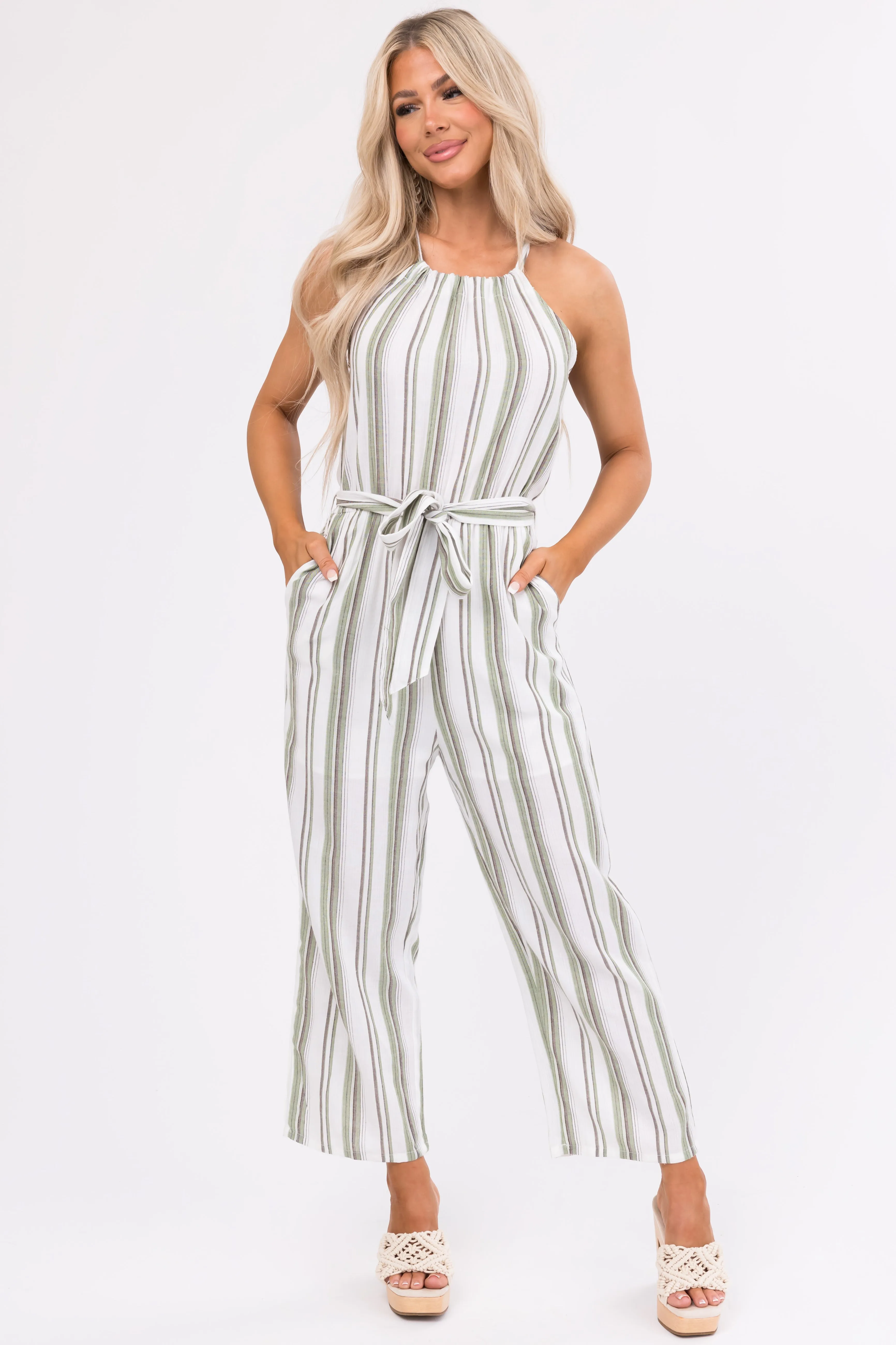 Ivory Striped Sleeveless Waist Tie Jumpsuit