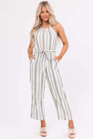 Ivory Striped Sleeveless Waist Tie Jumpsuit