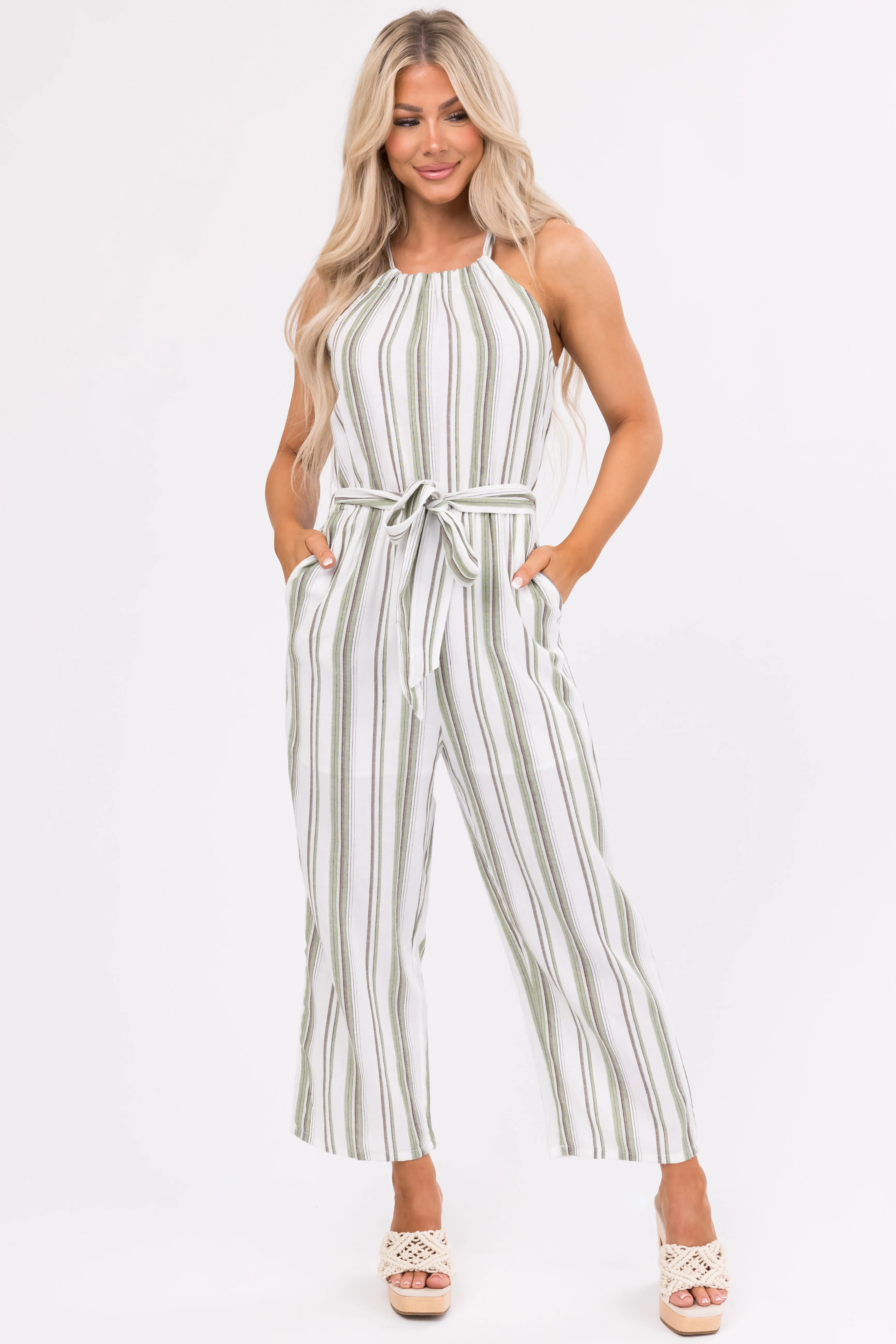 Ivory Striped Sleeveless Waist Tie Jumpsuit