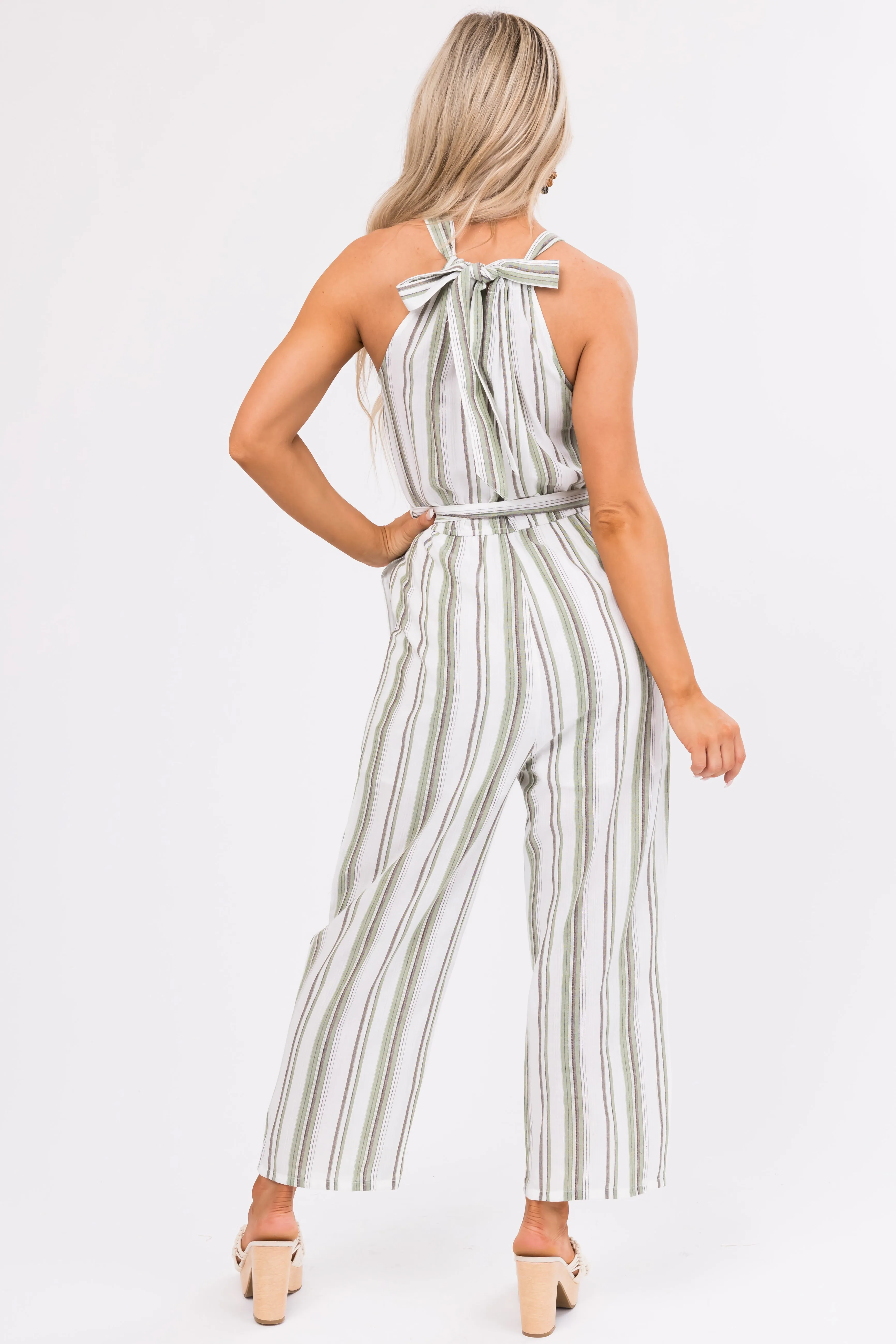 Ivory Striped Sleeveless Waist Tie Jumpsuit