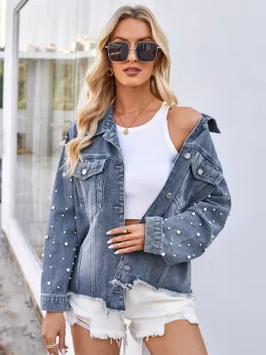 Jade Pearl Trim Raw Hem Denim Jacket