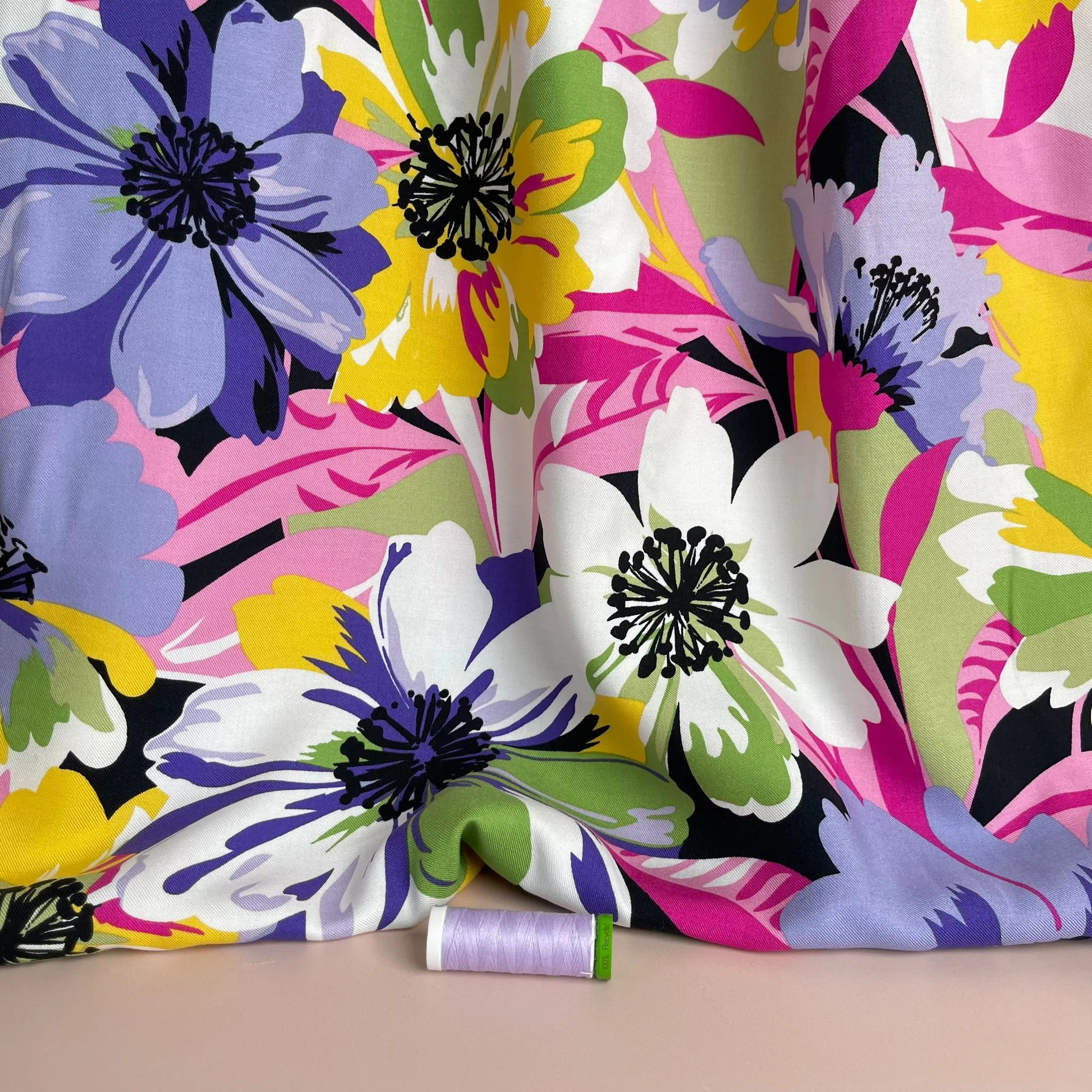 Joyful Blooms Purple Viscose Twill Fabric