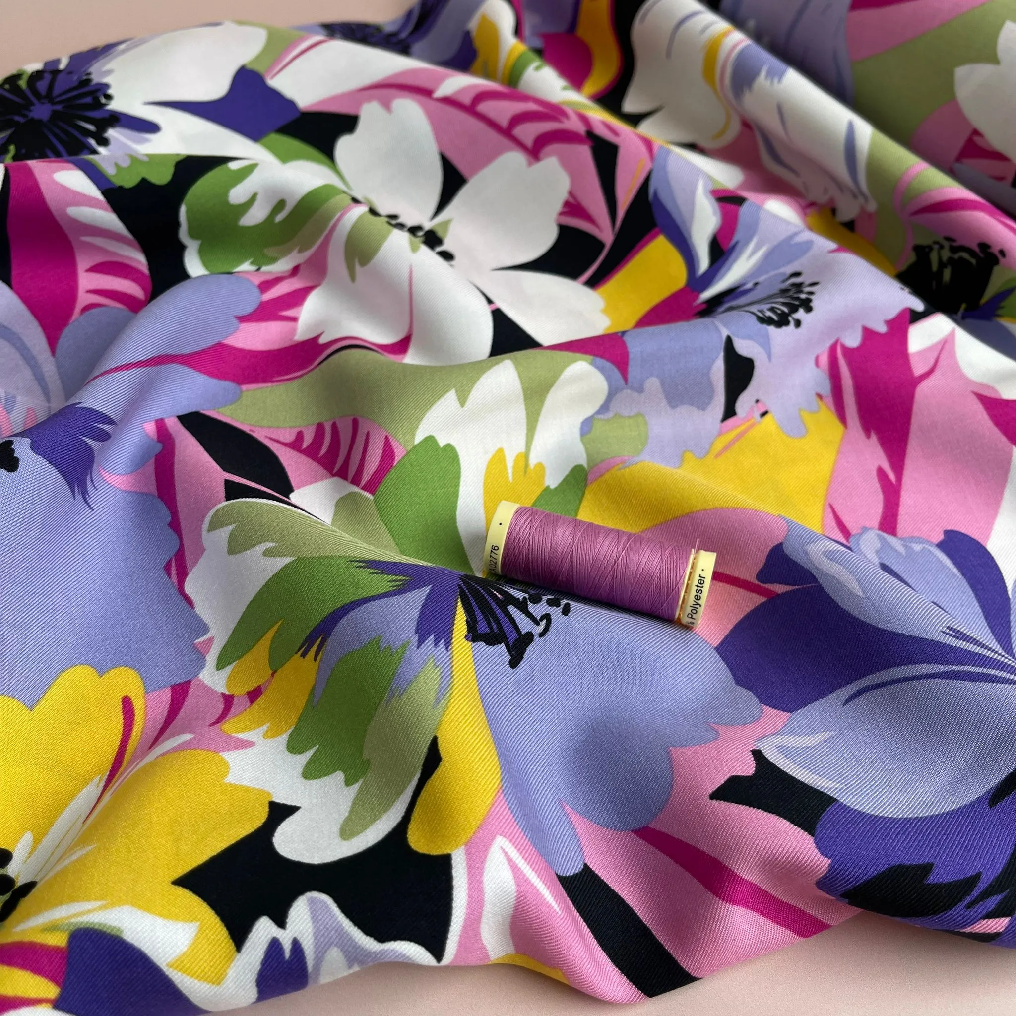 Joyful Blooms Purple Viscose Twill Fabric
