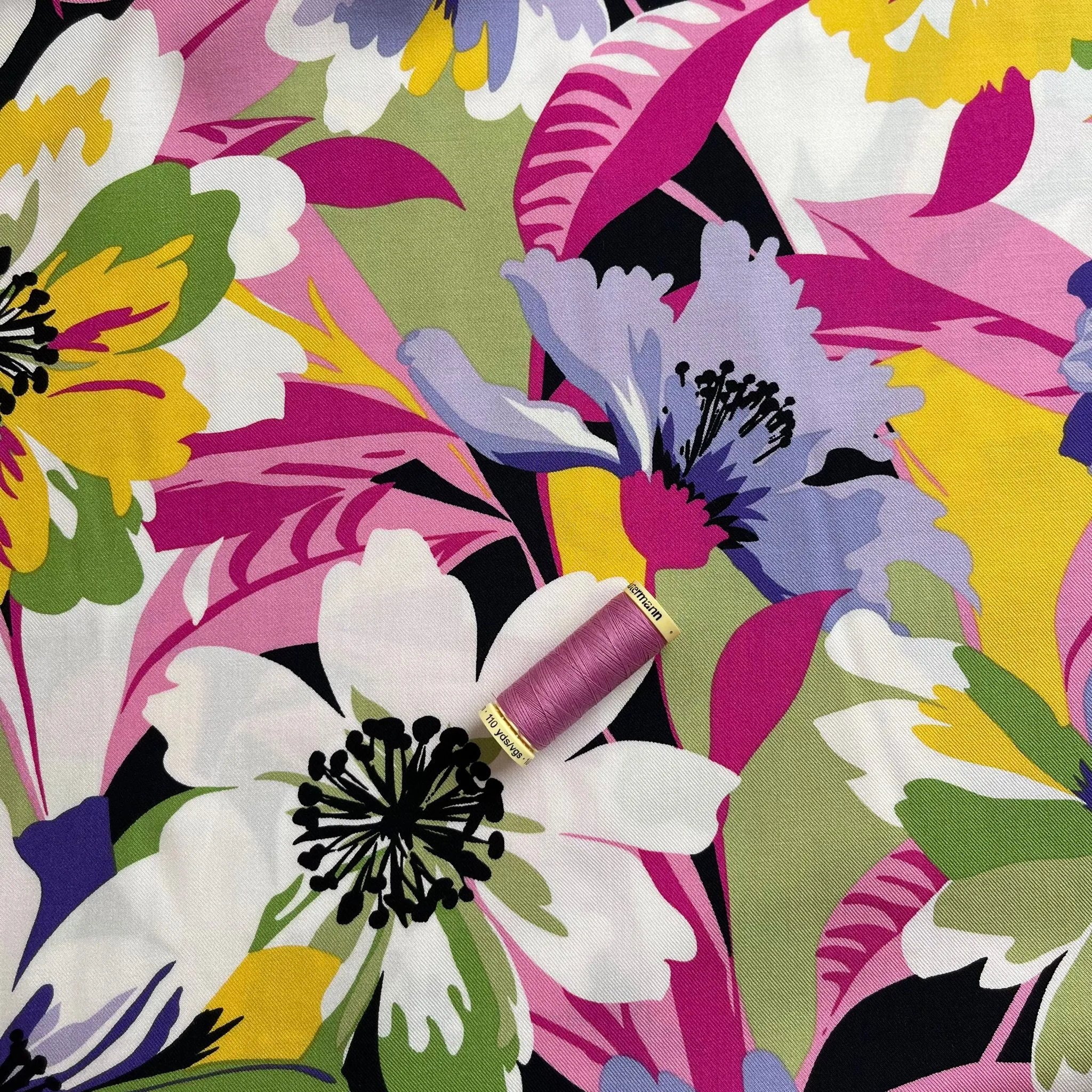 Joyful Blooms Purple Viscose Twill Fabric