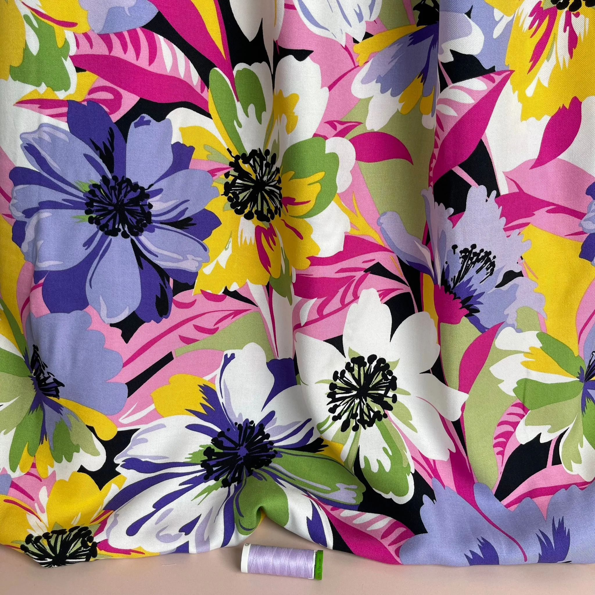 Joyful Blooms Purple Viscose Twill Fabric