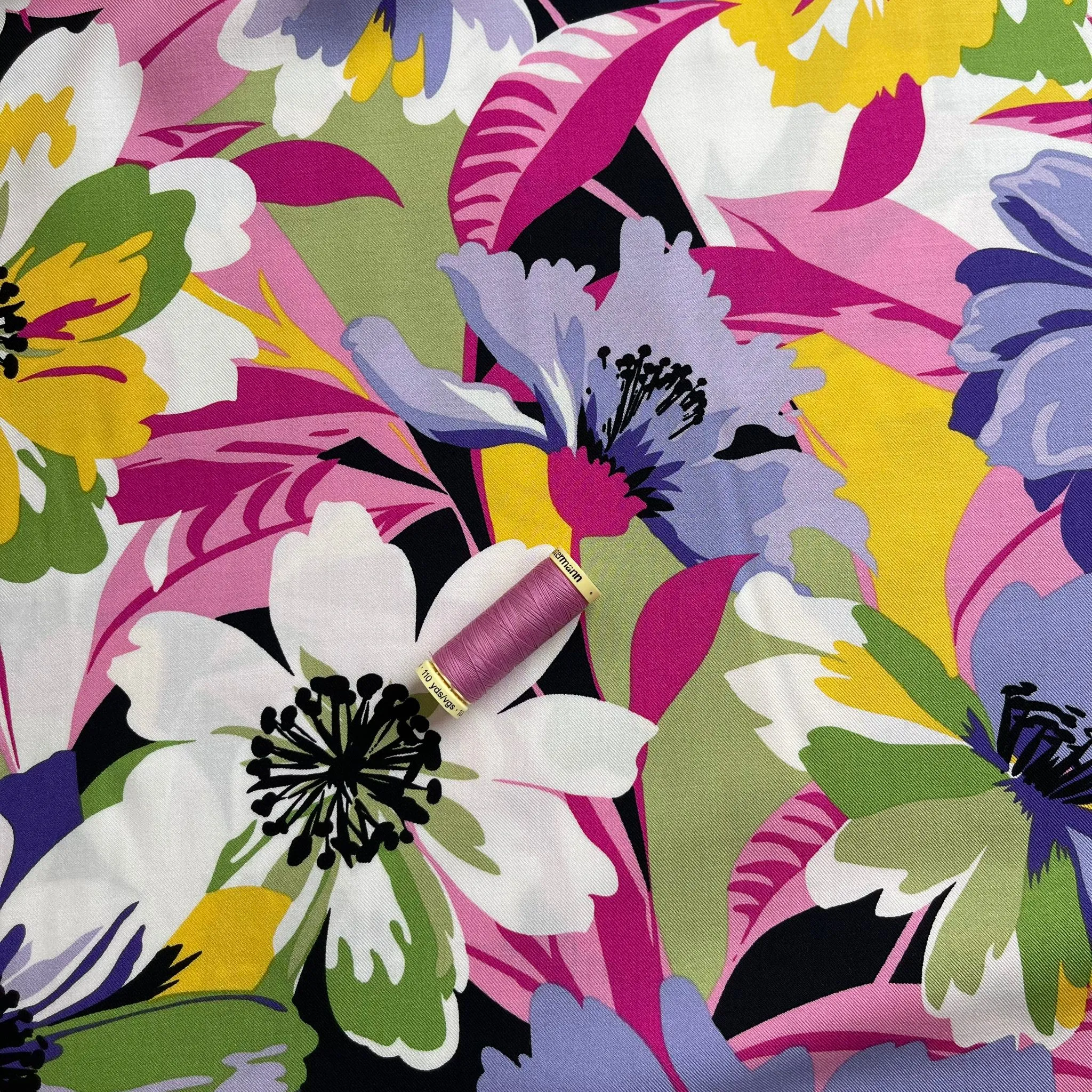 Joyful Blooms Purple Viscose Twill Fabric