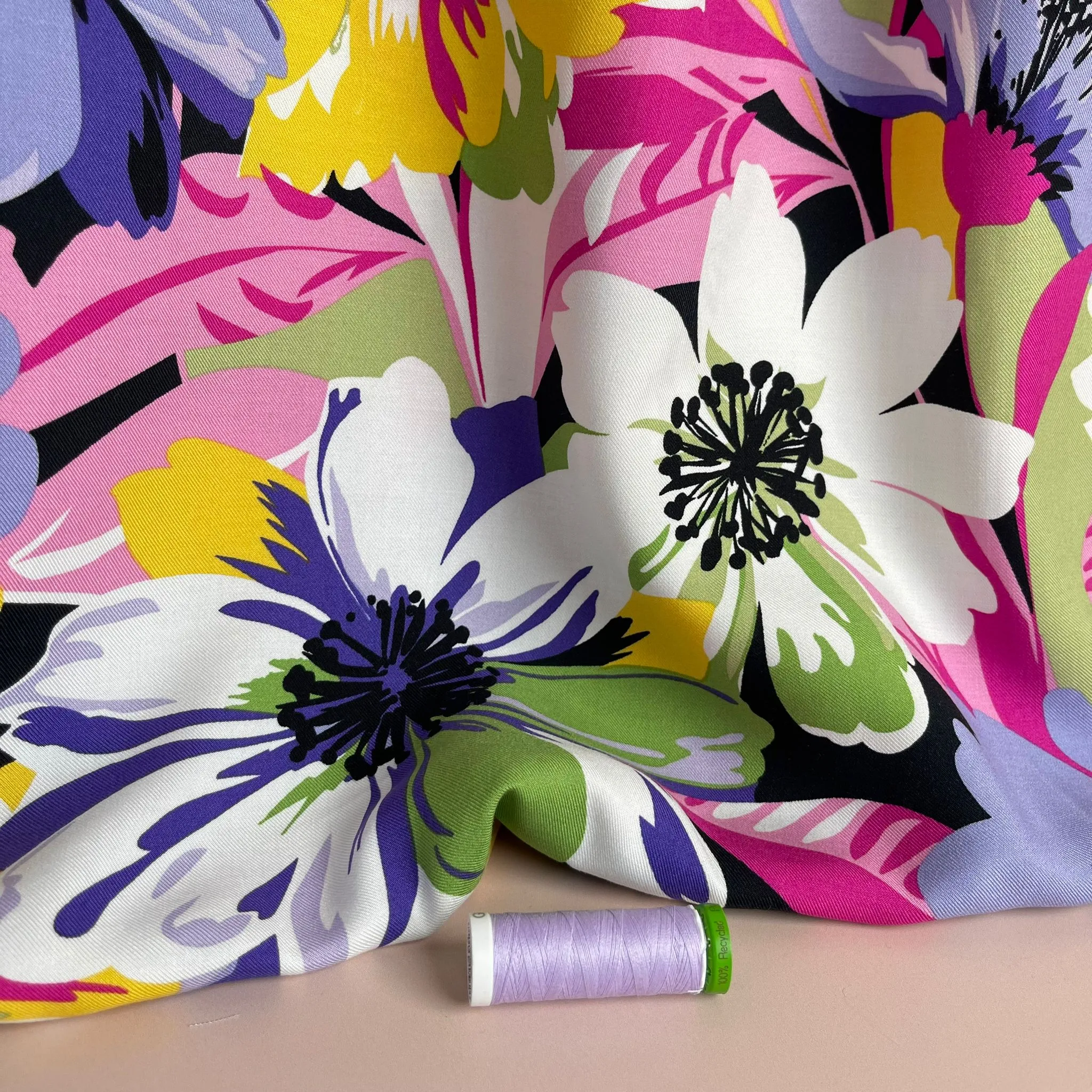 Joyful Blooms Purple Viscose Twill Fabric