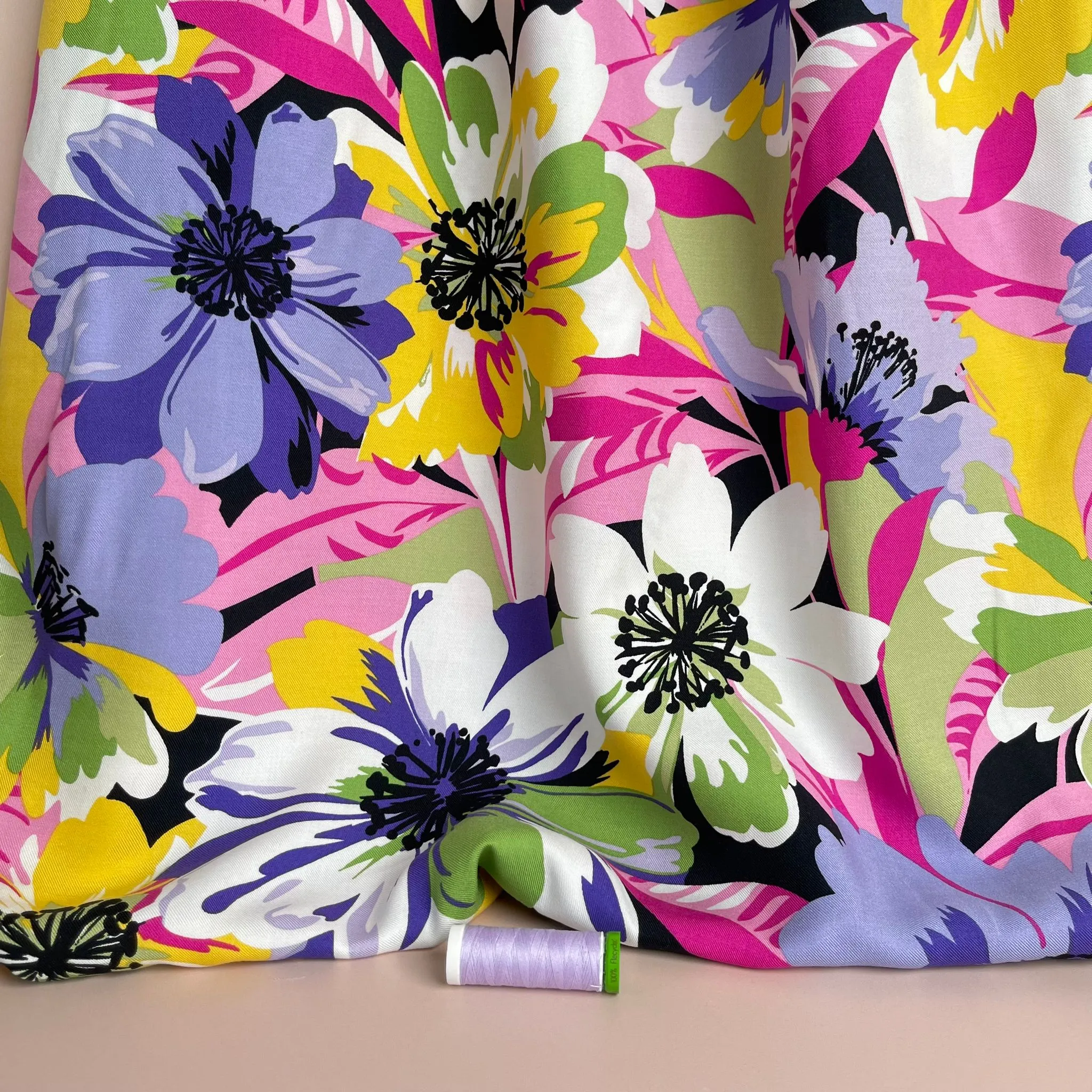 Joyful Blooms Purple Viscose Twill Fabric