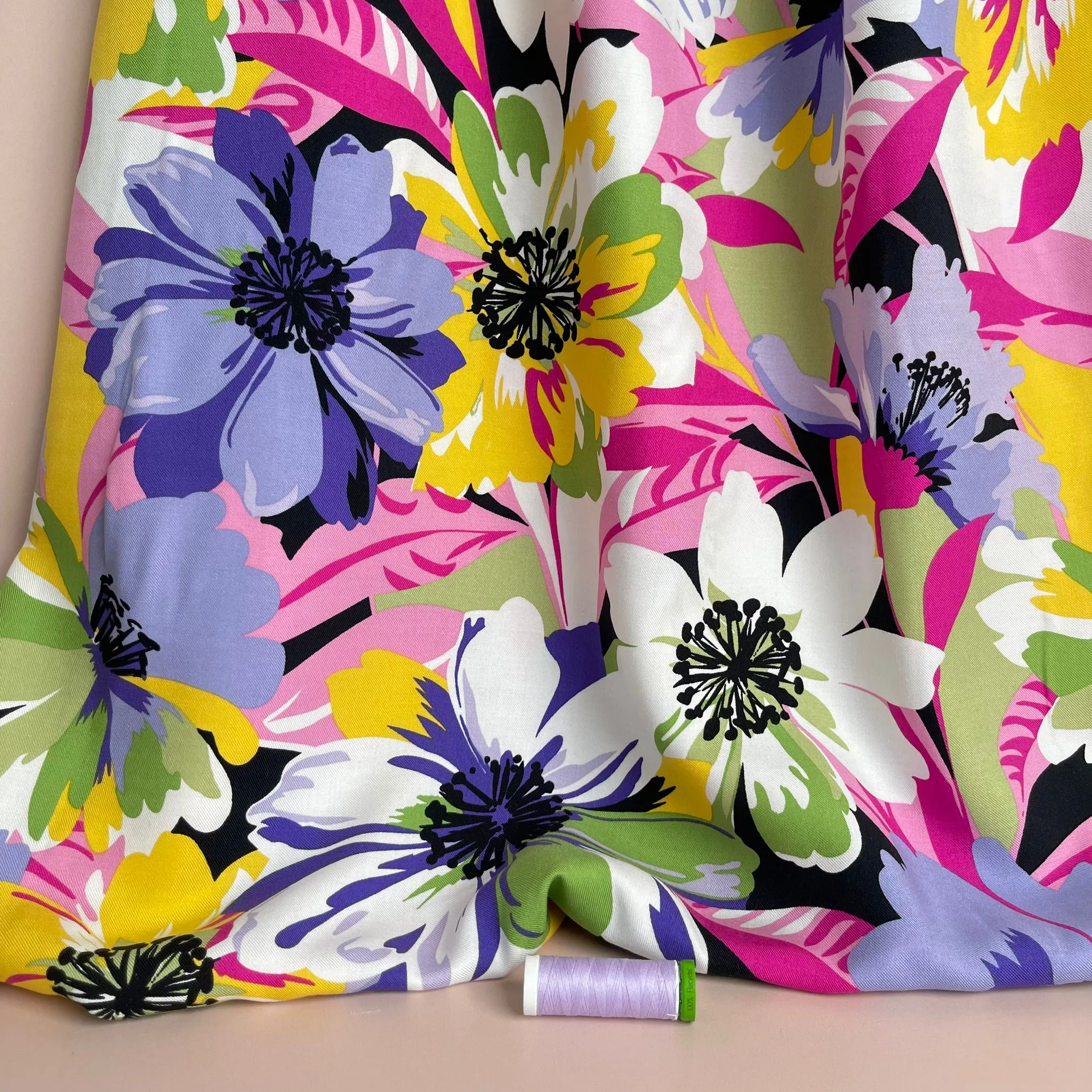 Joyful Blooms Purple Viscose Twill Fabric