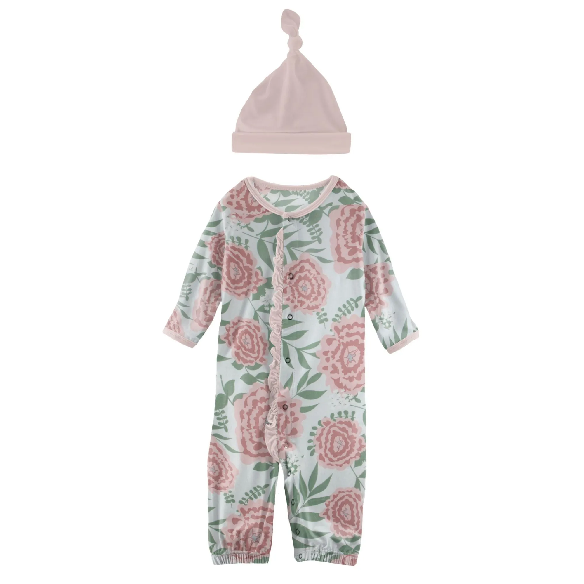 Kickee Pants Print Ruffle Layette Convertible Gown & Hat Set in Fresh Air Florist