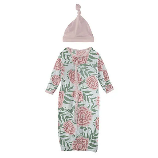 Kickee Pants Print Ruffle Layette Convertible Gown & Hat Set in Fresh Air Florist