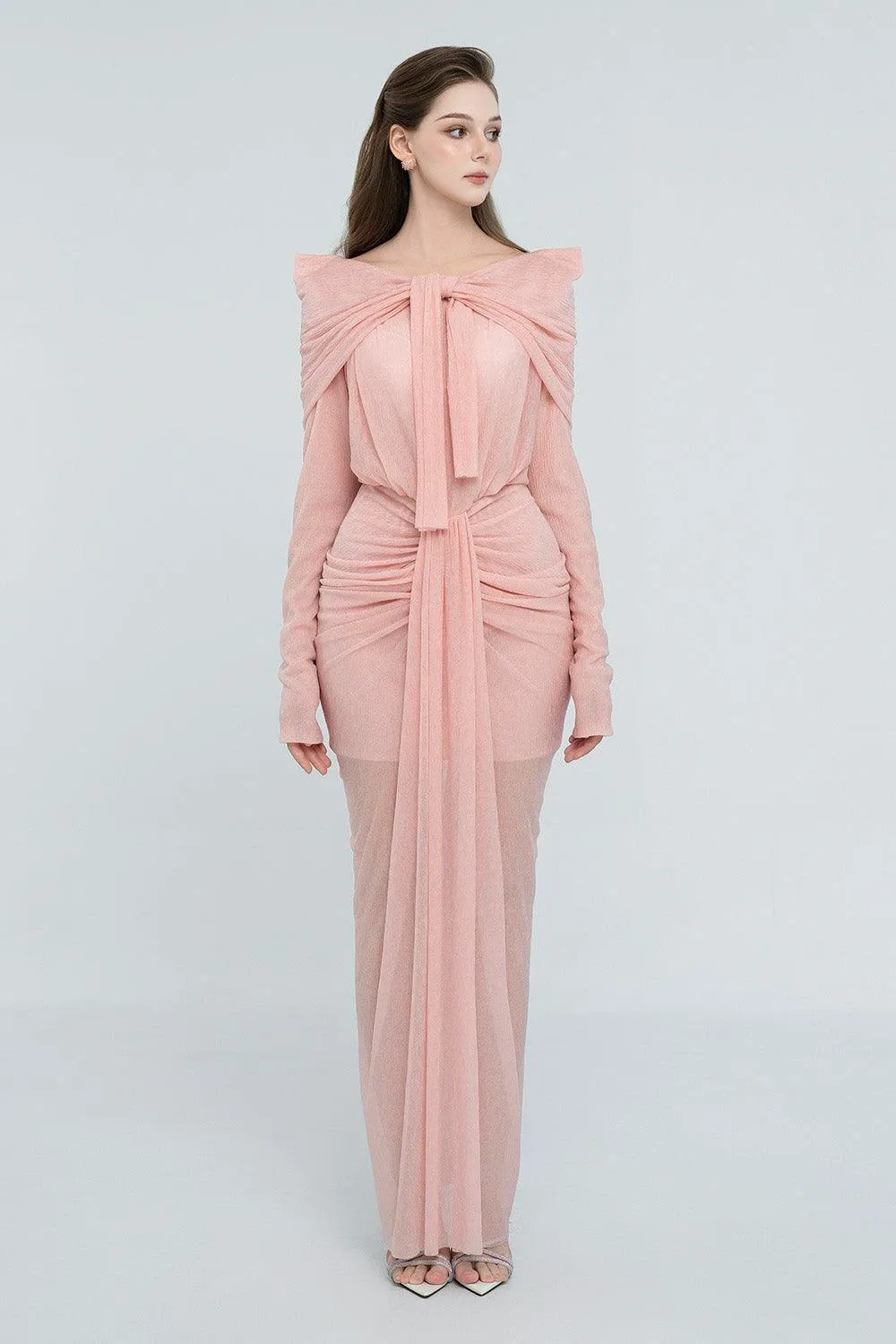 Kora Sarong Boat Neck Mesh Sheer Maxi Dress