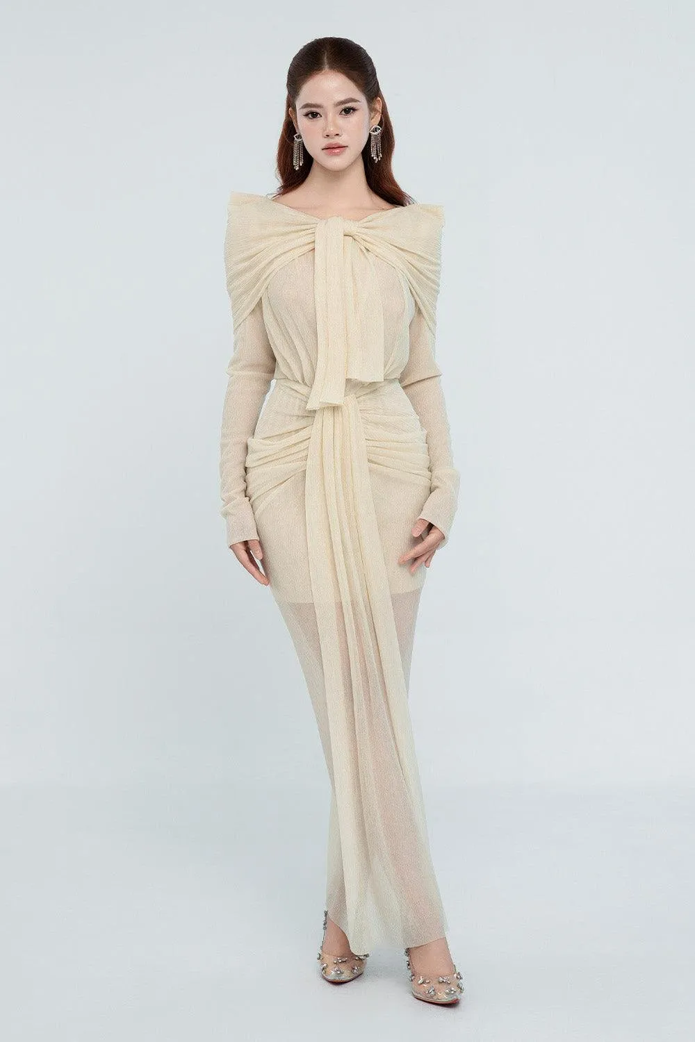 Kora Sarong Boat Neck Mesh Sheer Maxi Dress