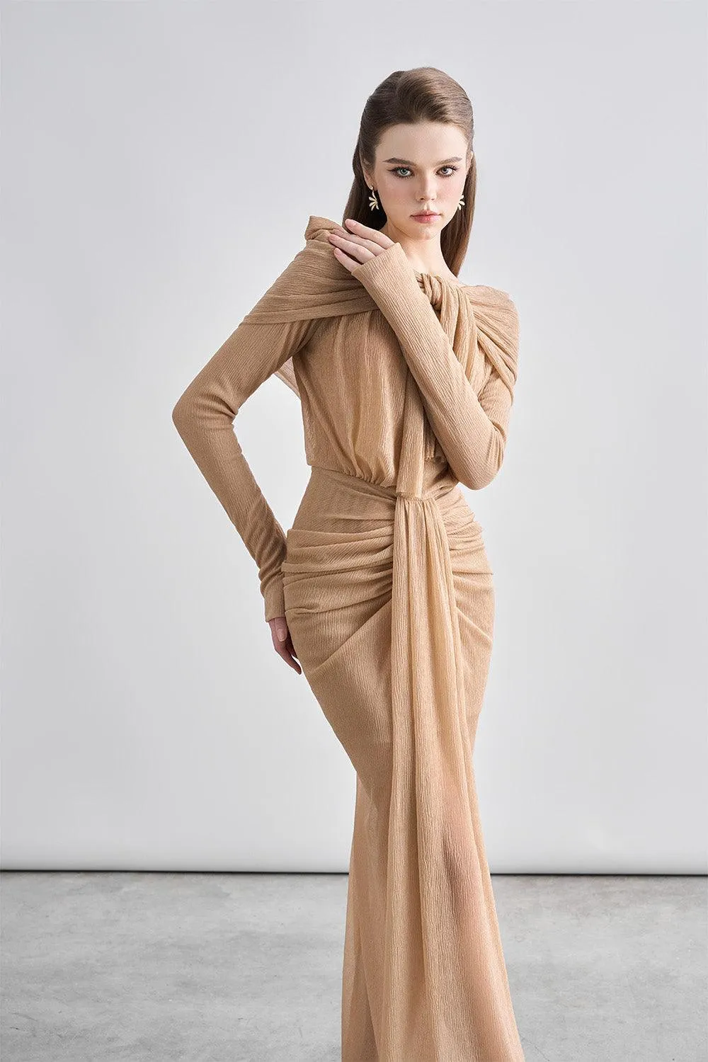 Kora Sarong Boat Neck Mesh Sheer Maxi Dress