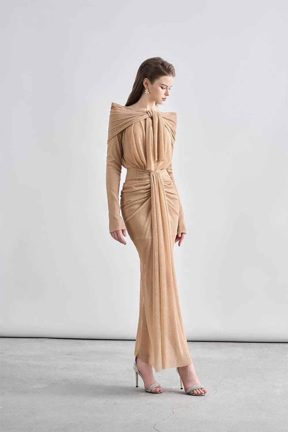 Kora Sarong Boat Neck Mesh Sheer Maxi Dress
