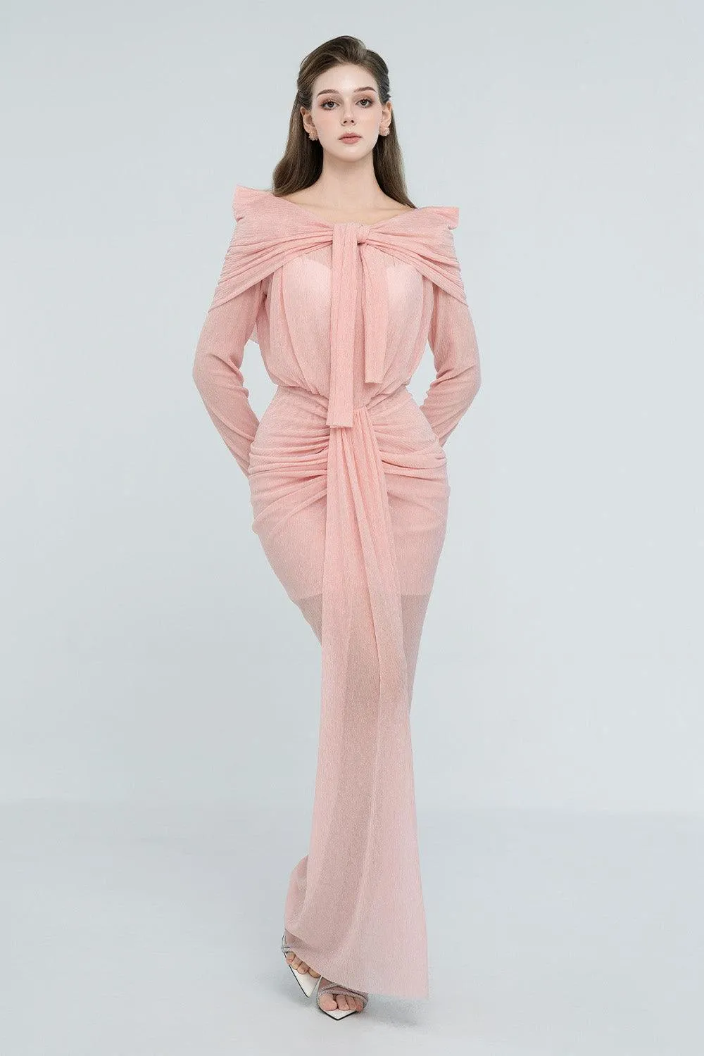 Kora Sarong Boat Neck Mesh Sheer Maxi Dress