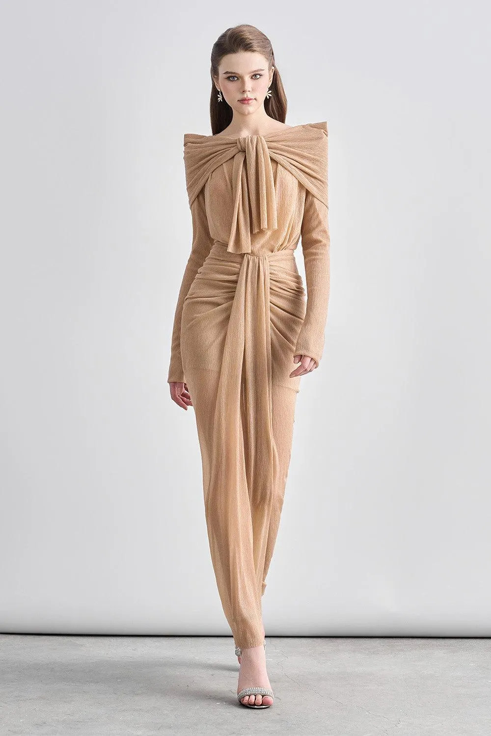 Kora Sarong Boat Neck Mesh Sheer Maxi Dress