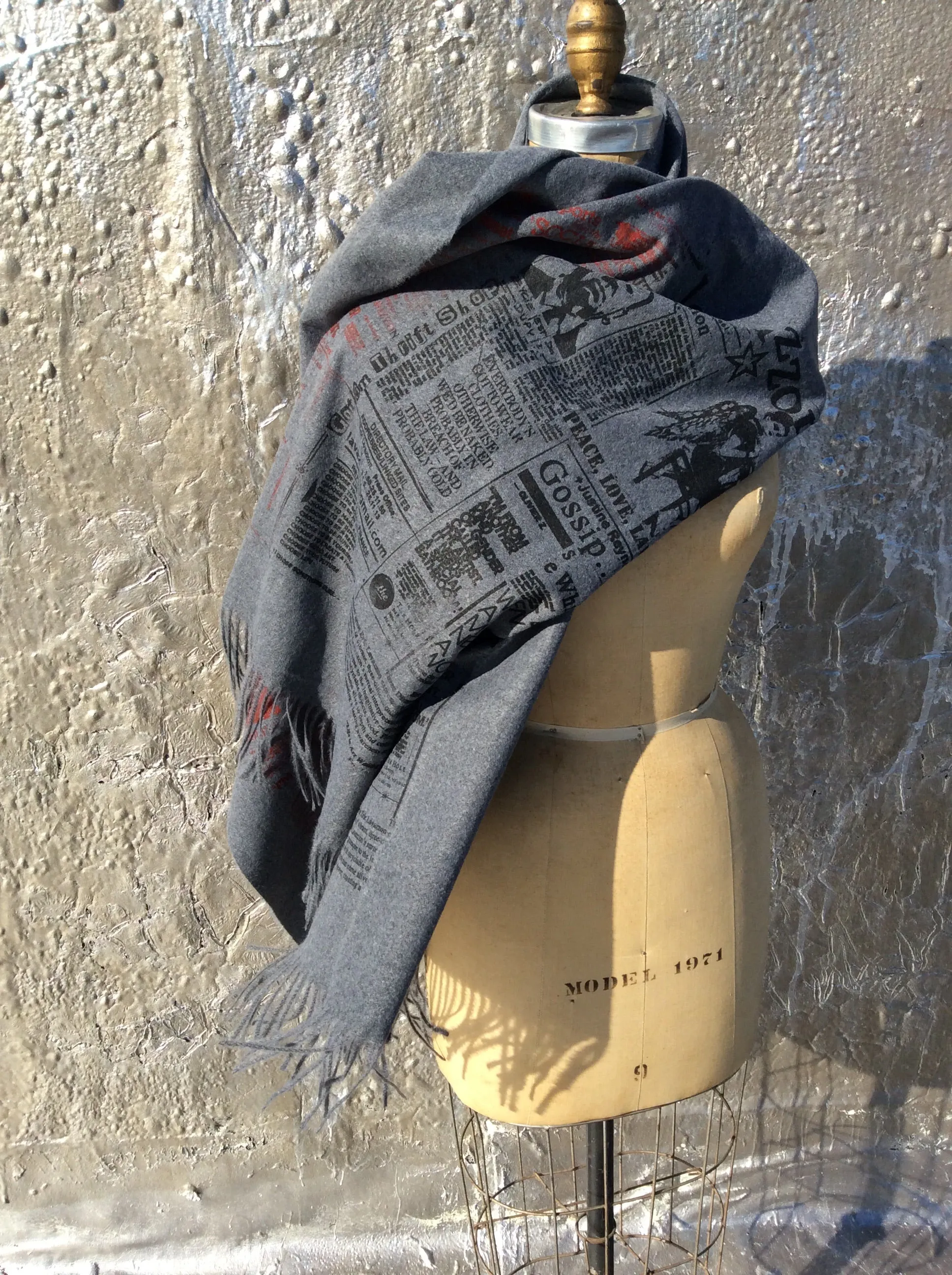 Lavazzon Cashmere feel newsprint scarf. Unisex