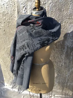 Lavazzon Cashmere feel newsprint scarf. Unisex