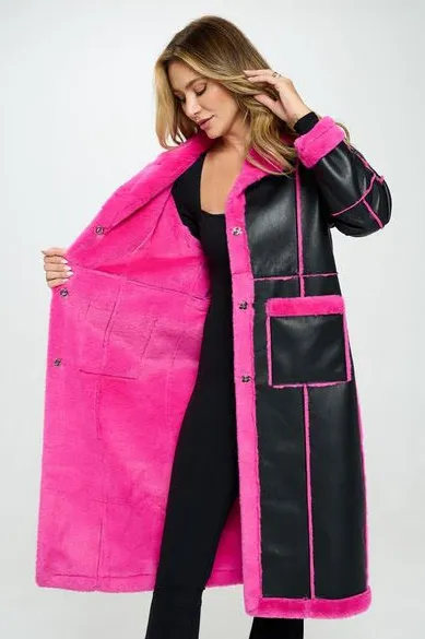 LB234L1 - Faux Leather Coat w/ Faux Fur Details