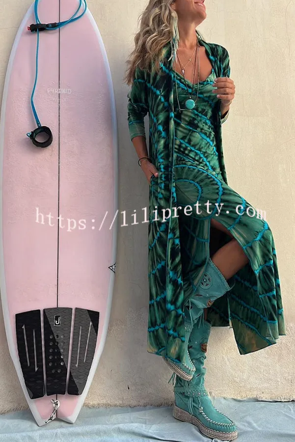 Lilipretty Suntan Smiles Tie Dye Print Open Front Long Sleeve Pocketed Kimono Cover-up