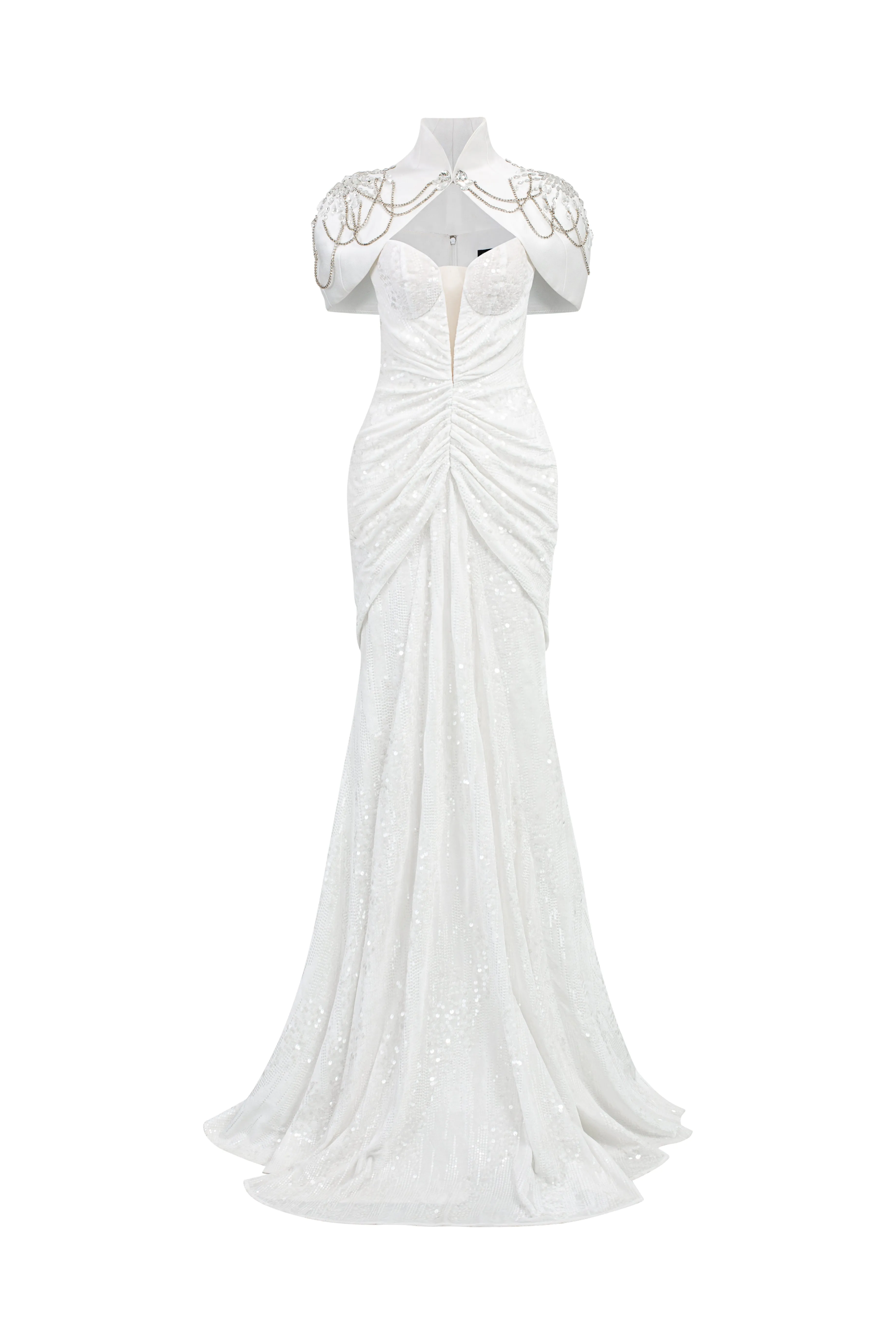 Majestic Sarong Cape Shoulder Sequin Floor Length Dress