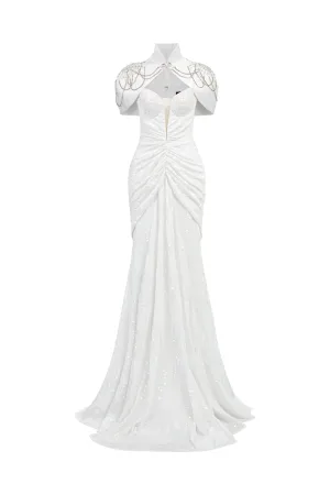 Majestic Sarong Cape Shoulder Sequin Floor Length Dress