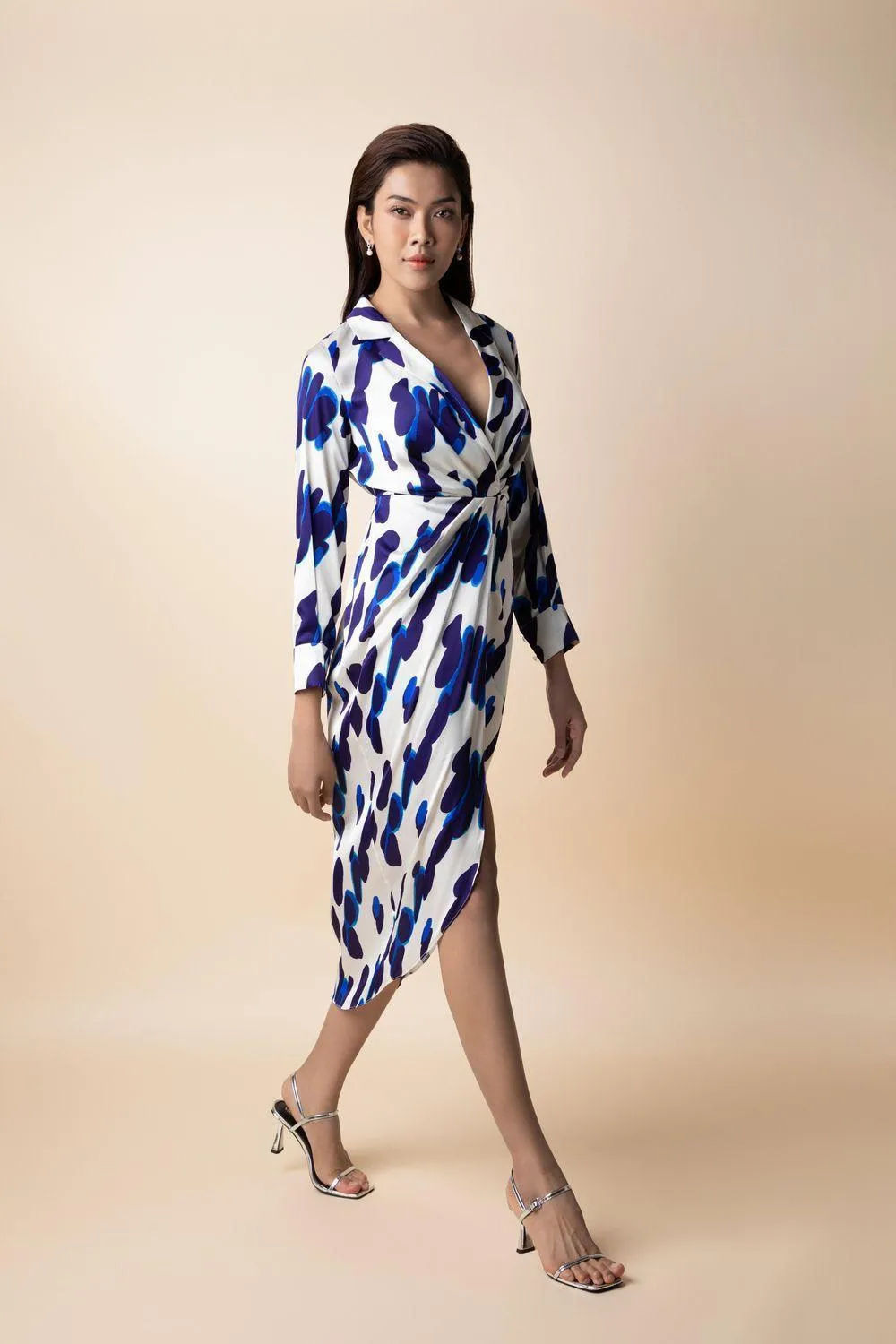 Mia Sarong Notch Lapel Latin Silk Midi Dress