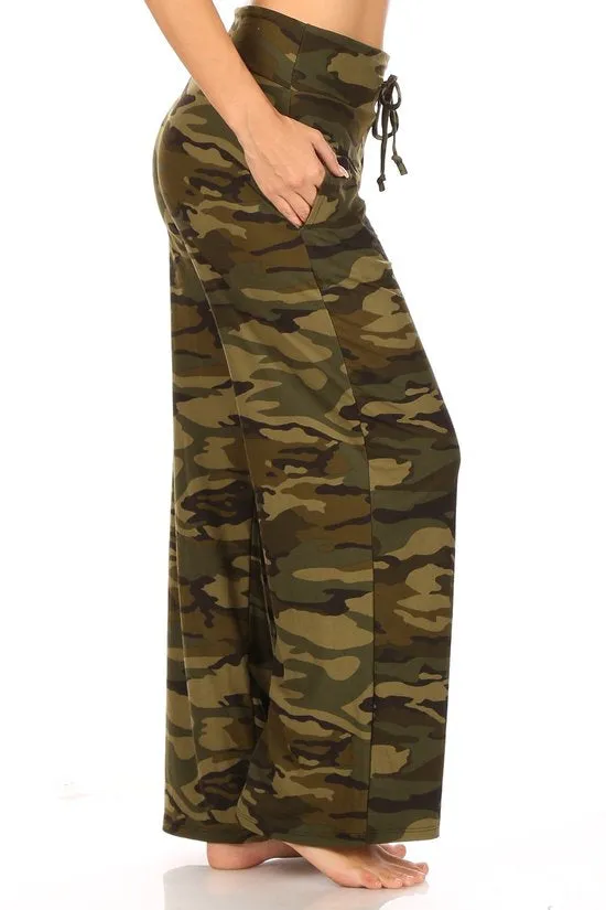 Olive Camo high waist wide leg fashion pajamas with a drawstring waist and pockets