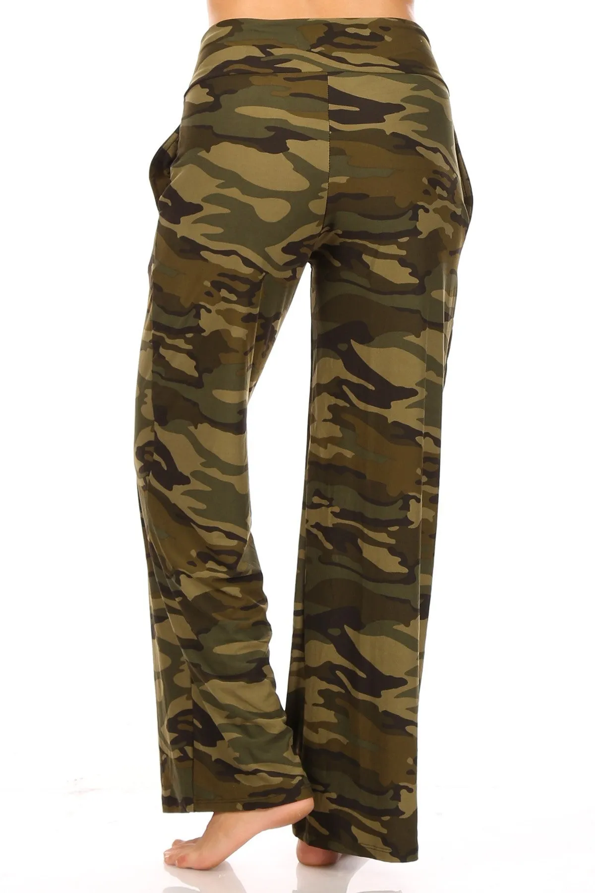 Olive Camo high waist wide leg fashion pajamas with a drawstring waist and pockets