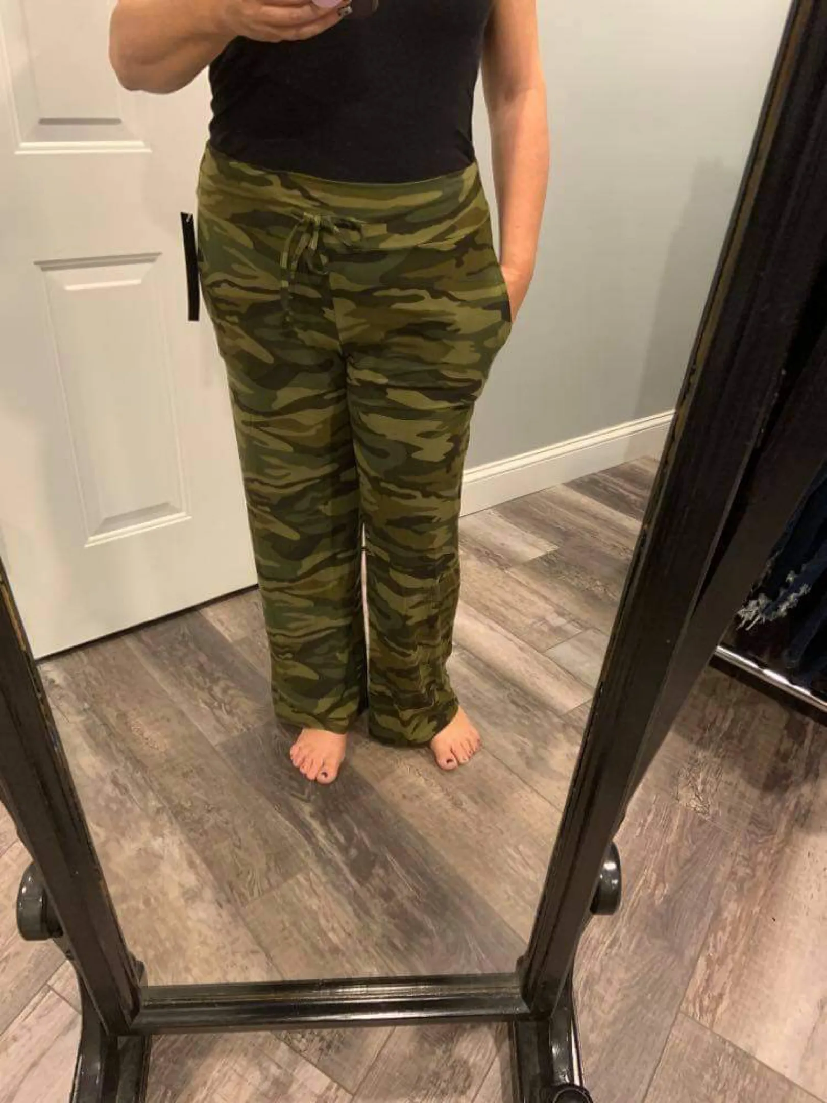 Olive Camo high waist wide leg fashion pajamas with a drawstring waist and pockets