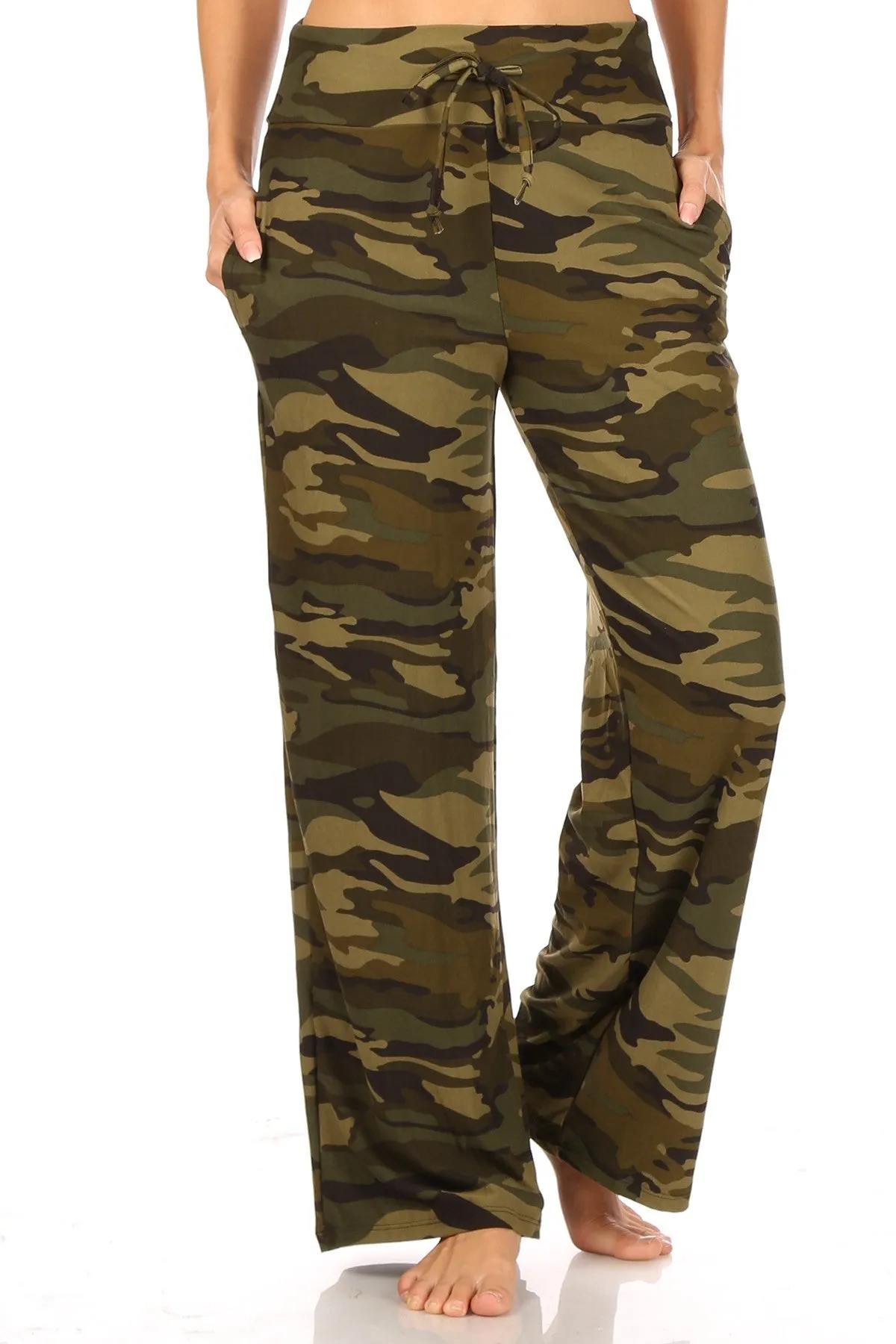 Olive Camo high waist wide leg fashion pajamas with a drawstring waist and pockets