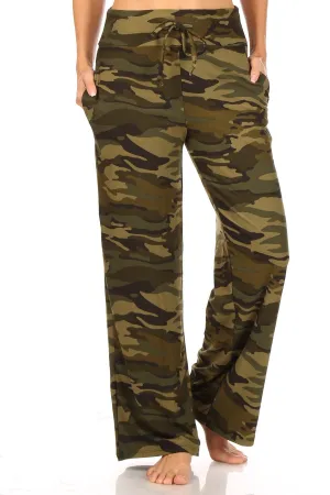 Olive Camo high waist wide leg fashion pajamas with a drawstring waist and pockets