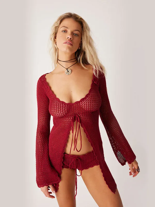 Open Knit Beachwear Cover-Up - Long Sleeve Crochet Tunic