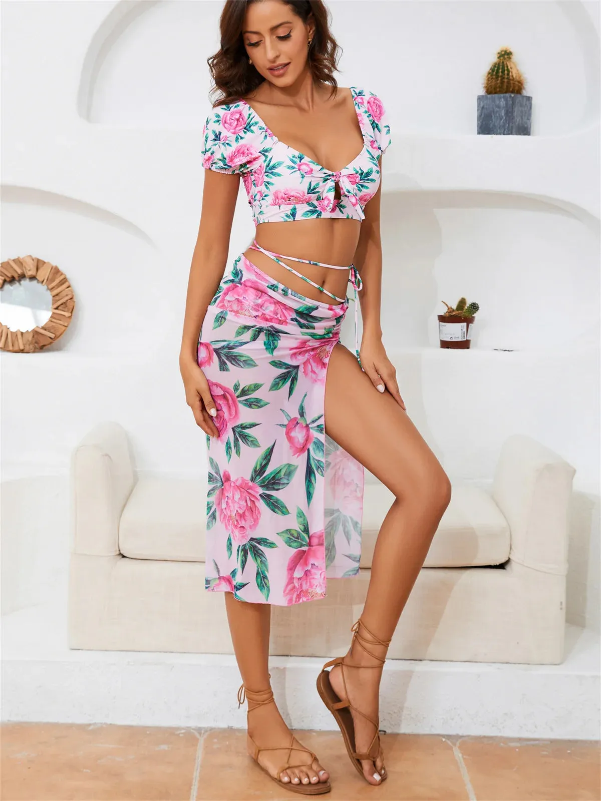 Pink Floral Print Bikini and Skirt 2