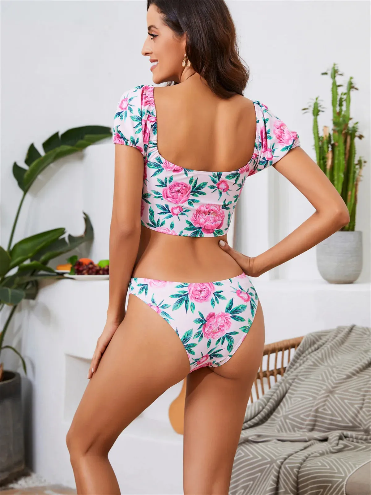 Pink Floral Print Bikini and Skirt 2