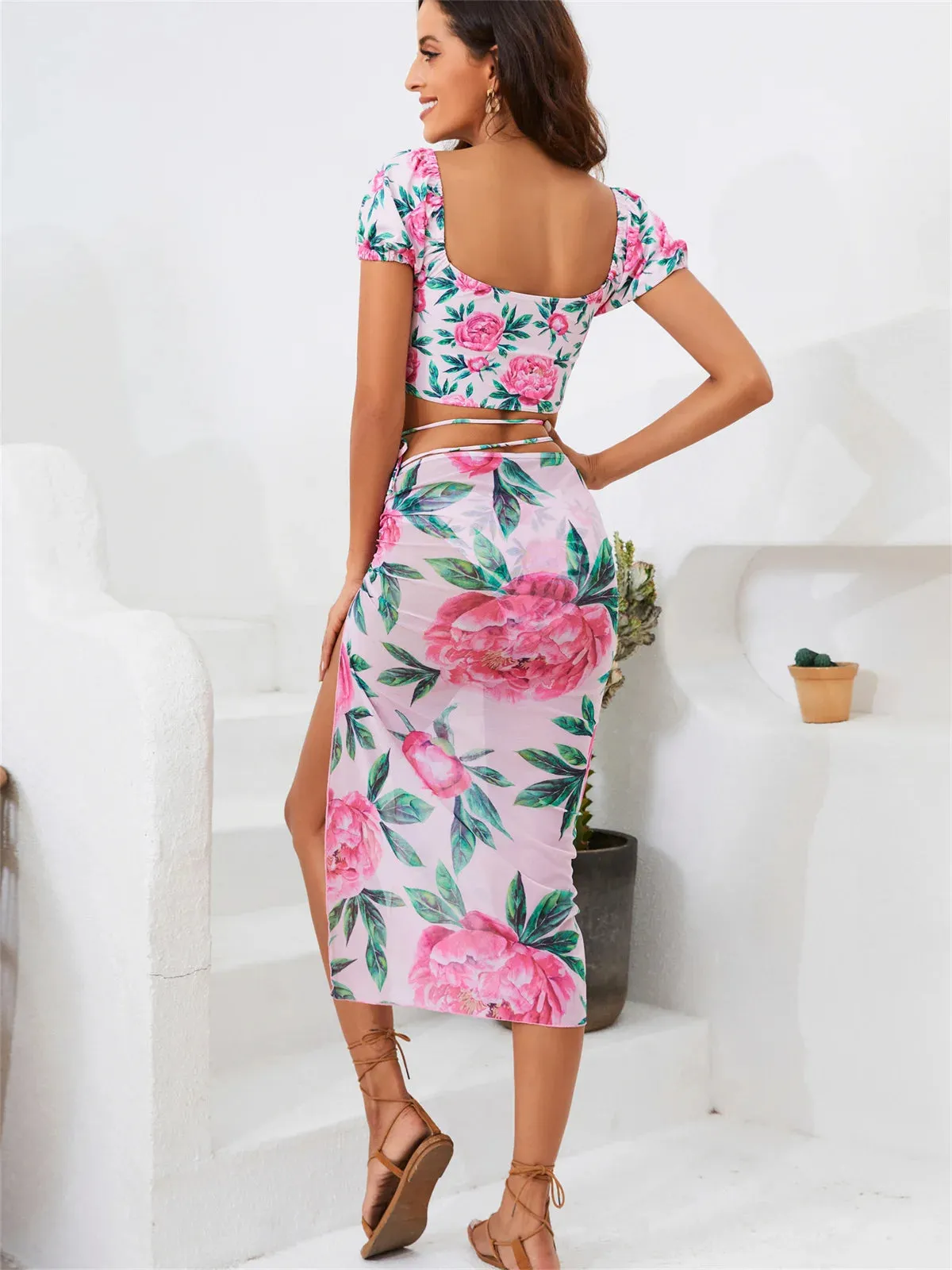 Pink Floral Print Bikini and Skirt 2