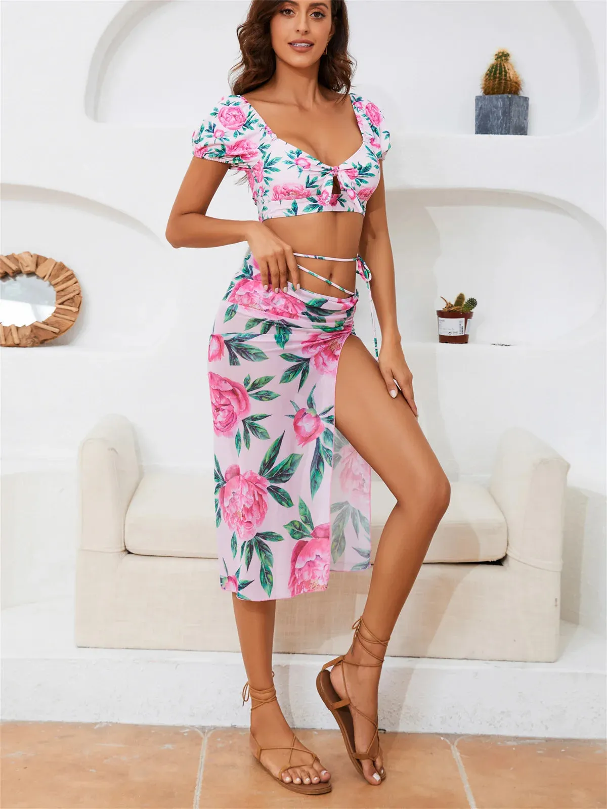 Pink Floral Print Bikini and Skirt 2