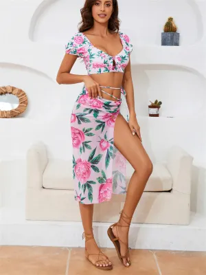 Pink Floral Print Bikini and Skirt 2