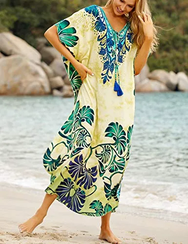 Plus Size V-Neck Kaftan Dress: Short Sleeve Beach Cover Up