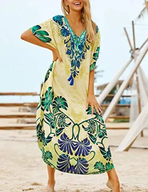 Plus Size V-Neck Kaftan Dress: Short Sleeve Beach Cover Up