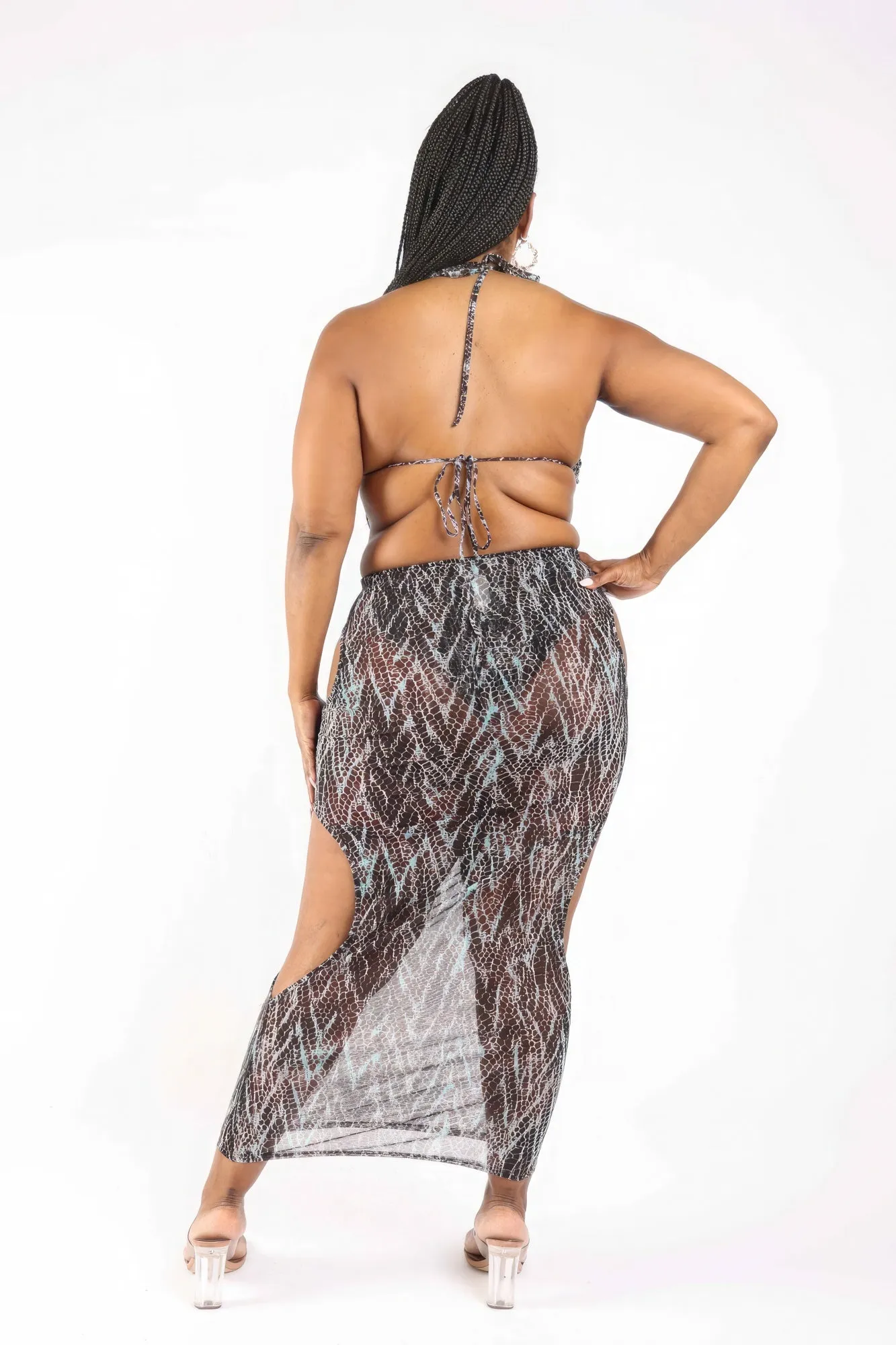 Printed Mesh Cutout Bikini And Cover Up Set