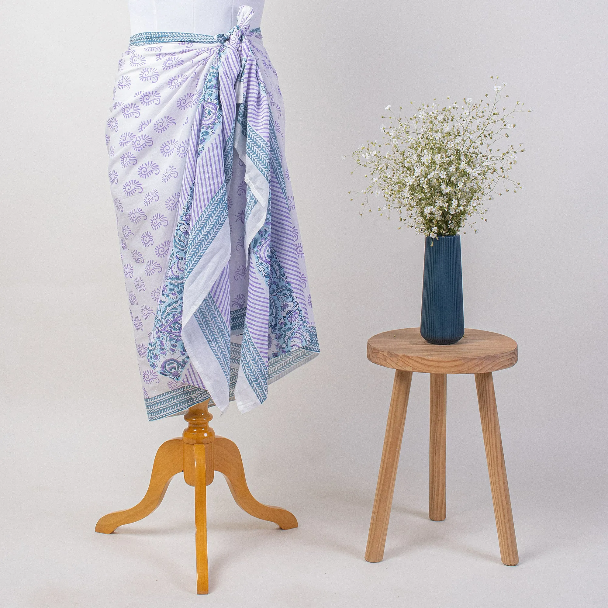 Purple Floral Block Print Cotton Bikini Sarong