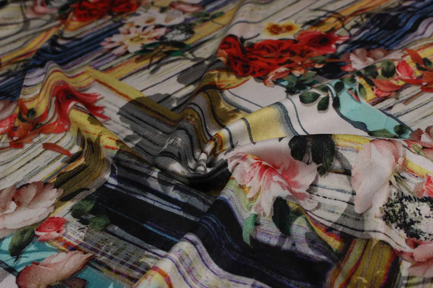 Red, White, Royal Blue Floral Viscose Spun Fabric
