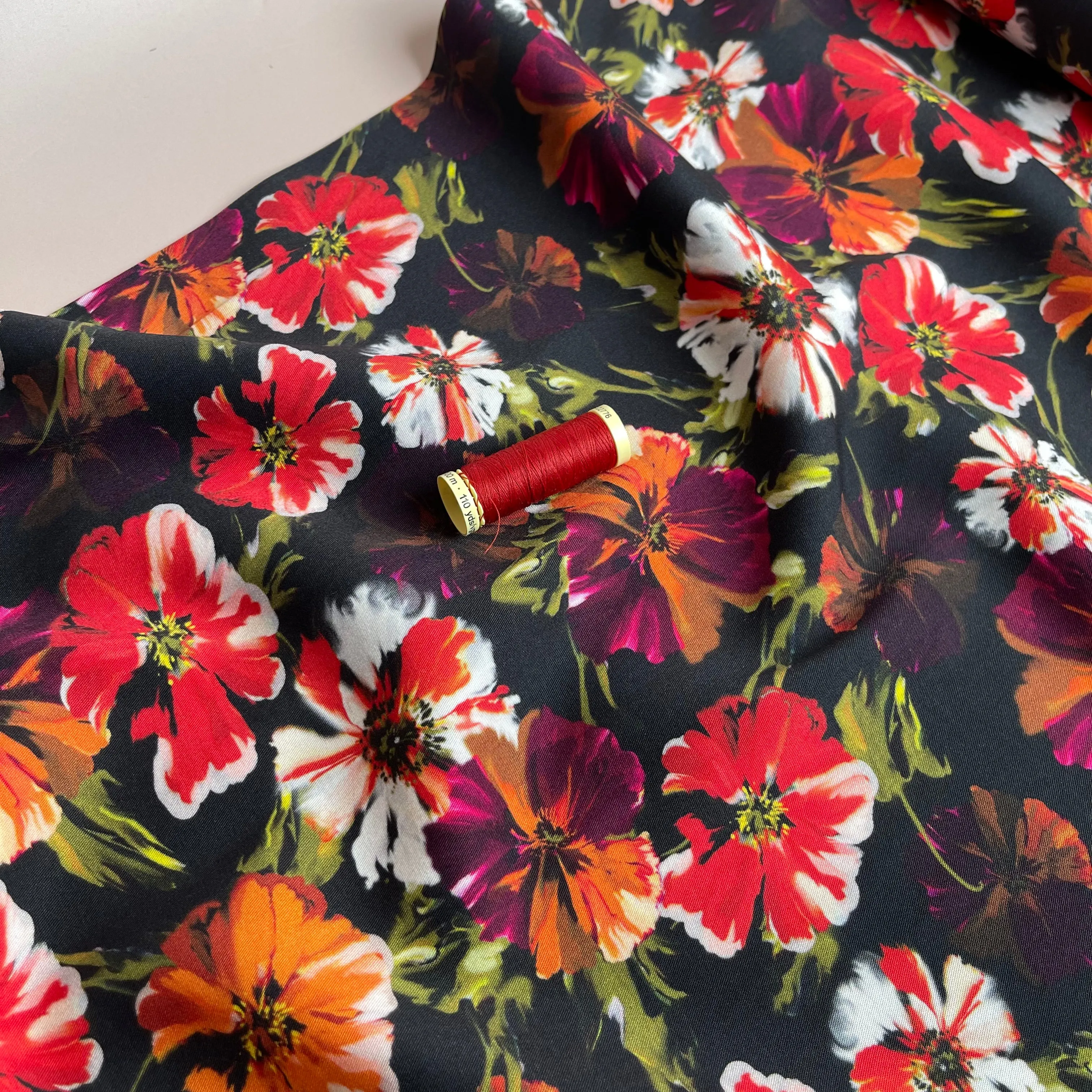 REMNANT 0.8 Metre - Rosella Bright Blooms on Black Stretch Viscose Twill Fabric