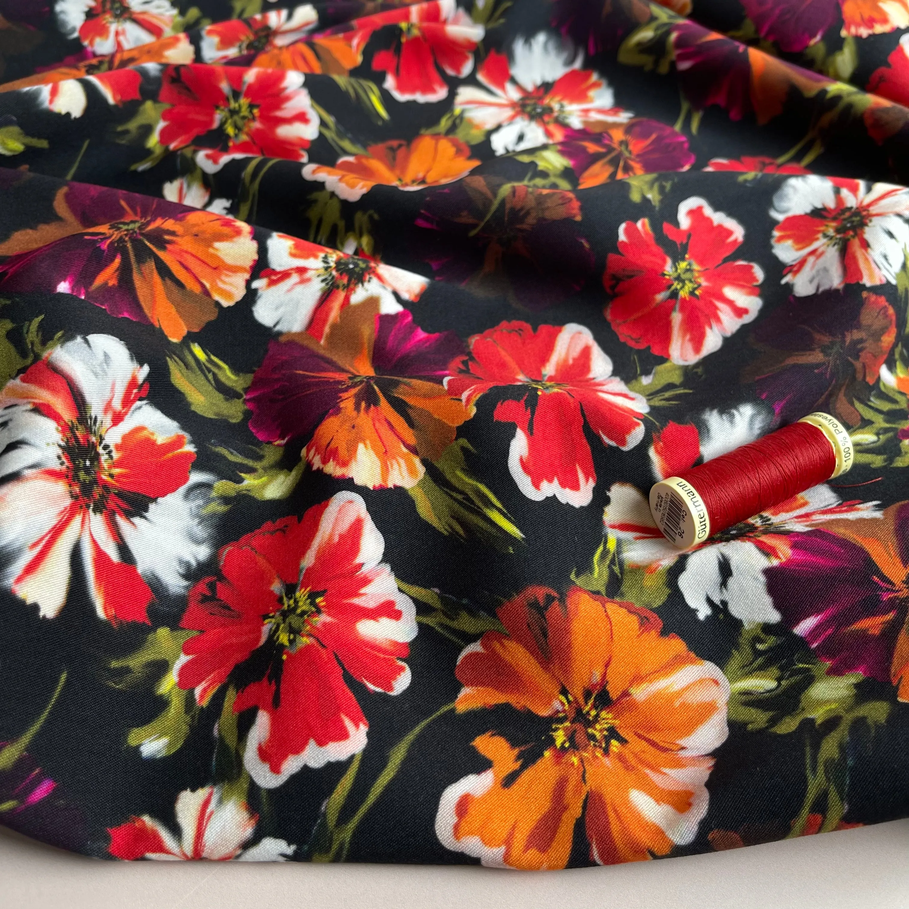 REMNANT 0.8 Metre - Rosella Bright Blooms on Black Stretch Viscose Twill Fabric