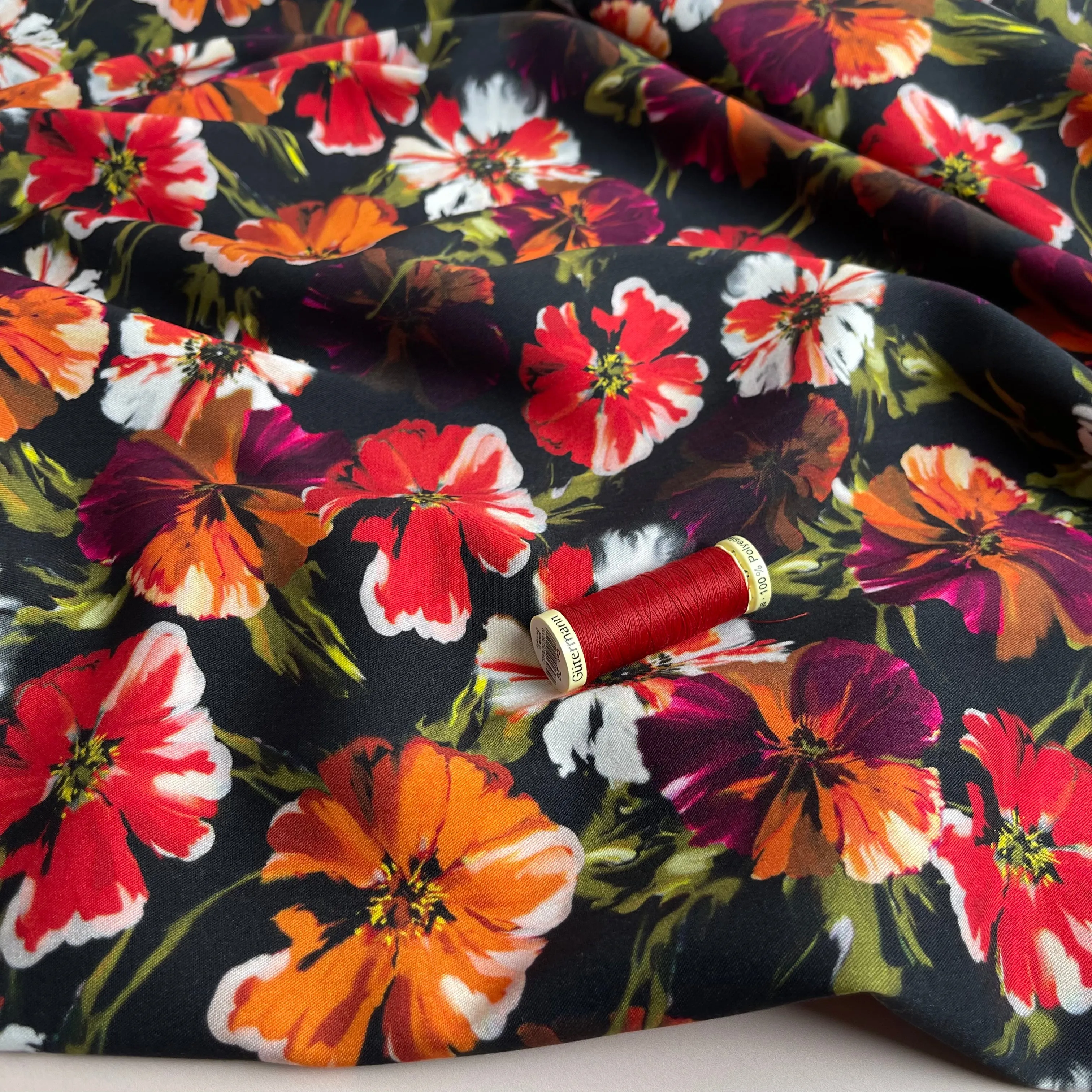 REMNANT 0.8 Metre - Rosella Bright Blooms on Black Stretch Viscose Twill Fabric