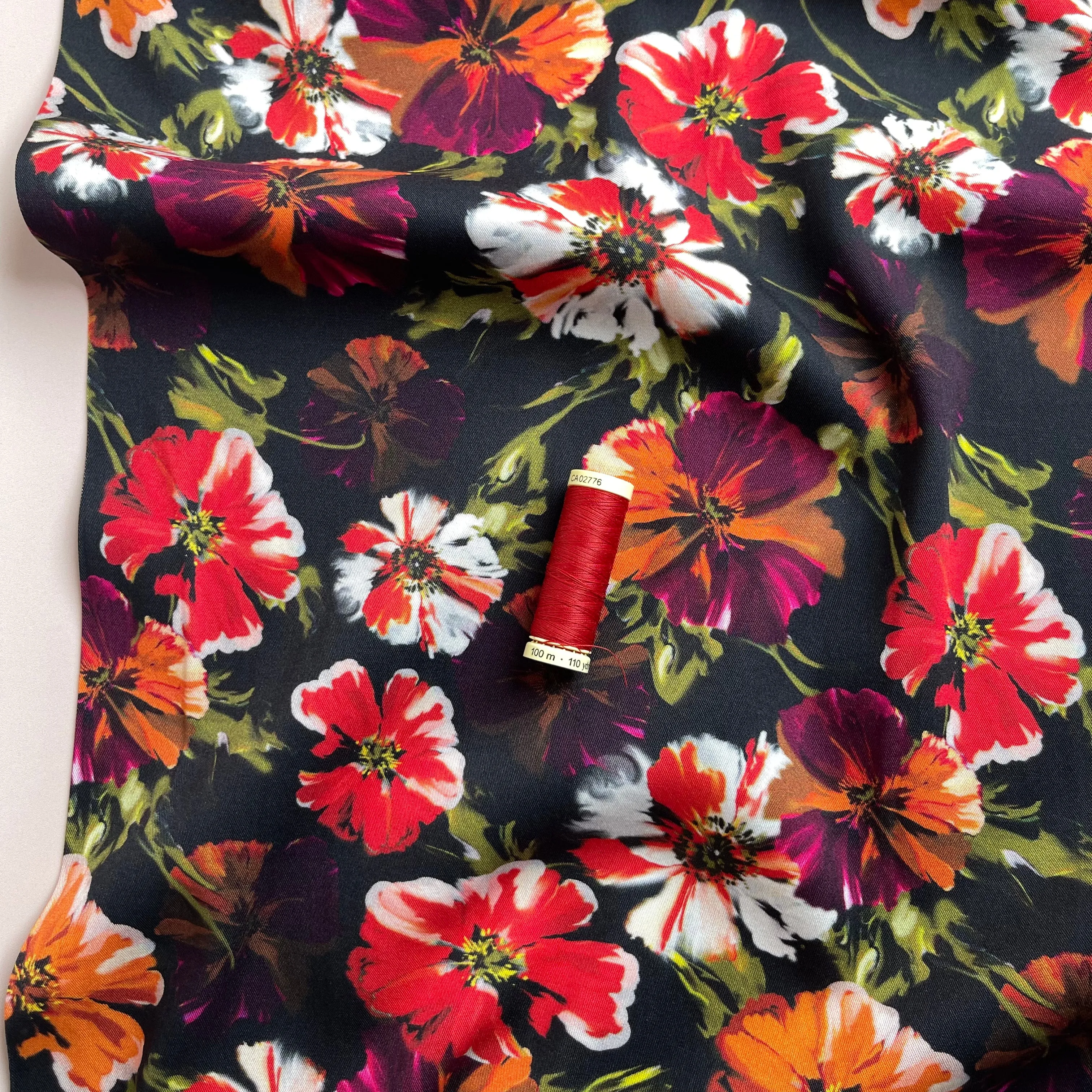 REMNANT 0.8 Metre - Rosella Bright Blooms on Black Stretch Viscose Twill Fabric