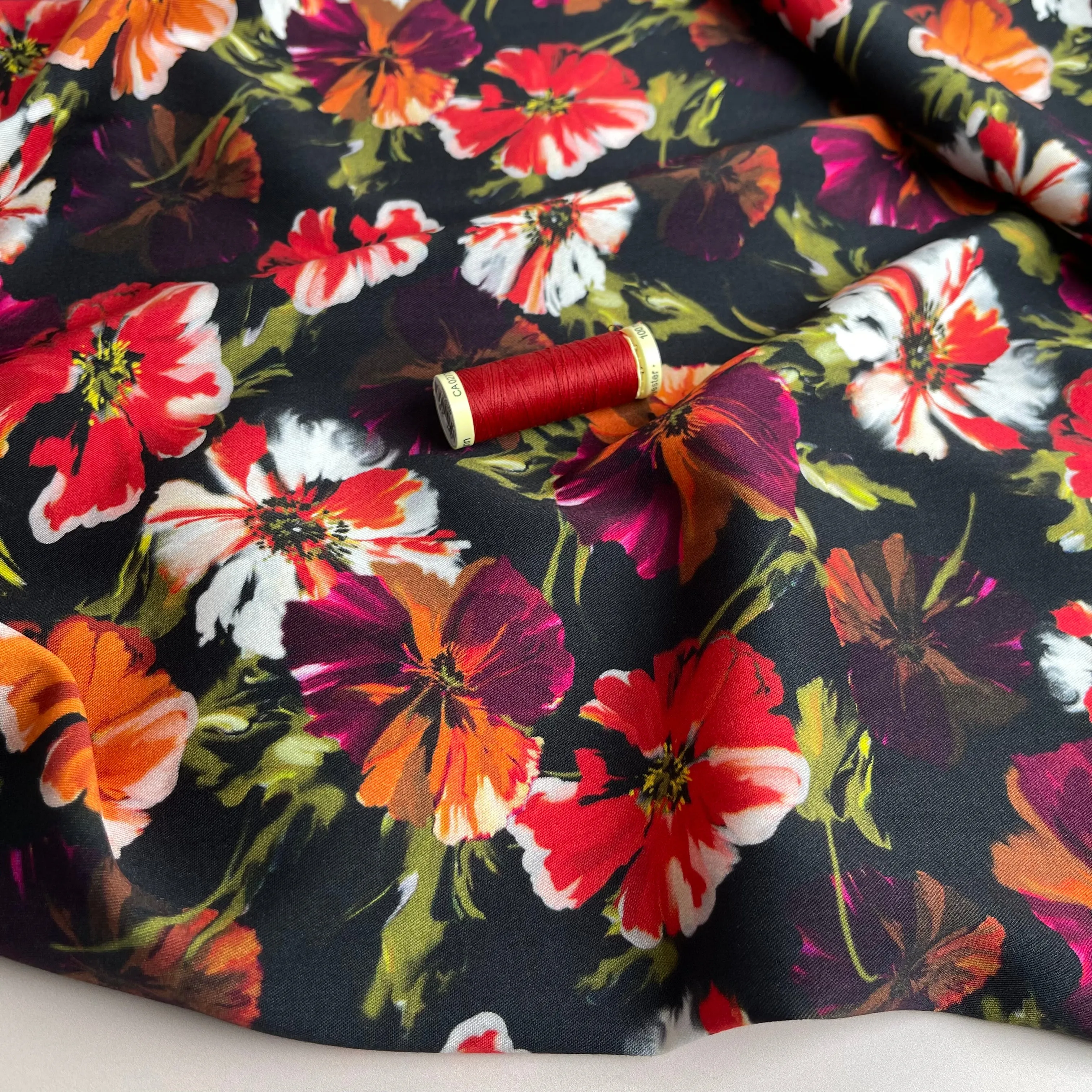 REMNANT 0.8 Metre - Rosella Bright Blooms on Black Stretch Viscose Twill Fabric